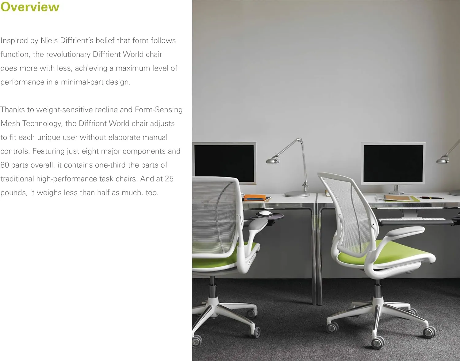 Humanscale Diffrient World Office Task Desk Chair - Adjustable Duron Arms - Black Frame White Pinstripe Back and Seat Mesh W11BN01N01 - Carpet Casters