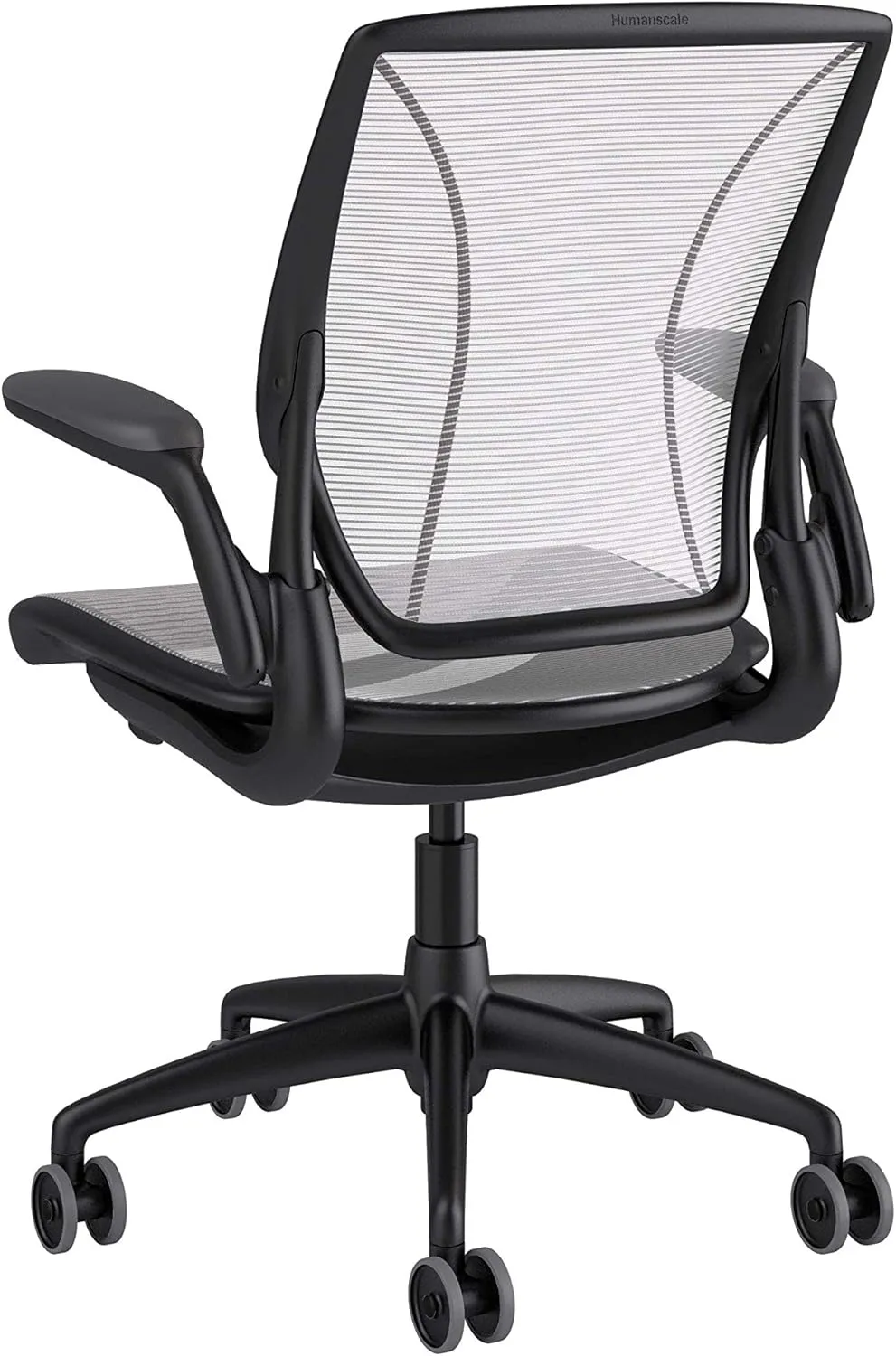 Humanscale Diffrient World Office Task Desk Chair - Adjustable Duron Arms - Black Frame White Pinstripe Back and Seat Mesh W11BN01N01 - Carpet Casters