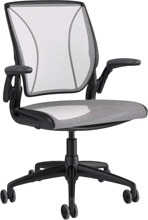 Humanscale Diffrient World Office Task Desk Chair - Adjustable Duron Arms - Black Frame White Pinstripe Back and Seat Mesh W11BN01N01 - Carpet Casters