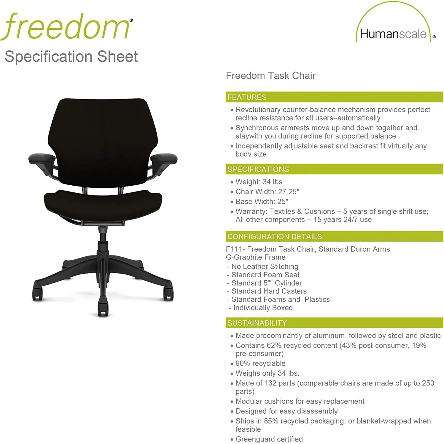 Humanscale Freedom Office Chair - Ergonomic Work Chair with Standard Height Adjustable Duron Arms - Wheels for Carpet - Polished Aluminum Frame with Walnut Ginkgo Fabric