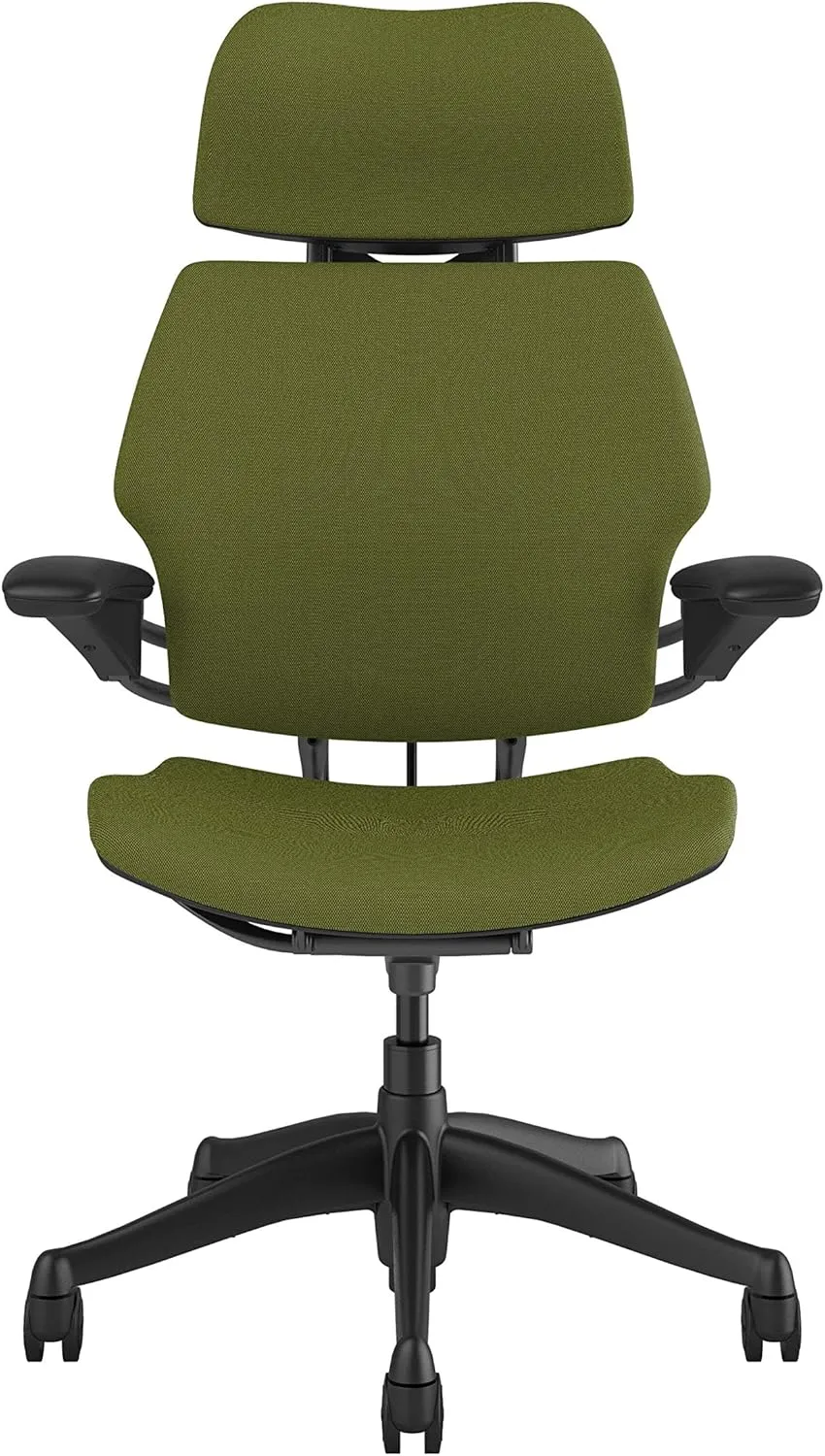 Humanscale Freedom Office Chair with Headrest - Ergonomic Work Chair with Standard Height Adjustable Duron Arms - Wheels for Carpet - Graphite Frame with Clover Green Fourtis Fabric