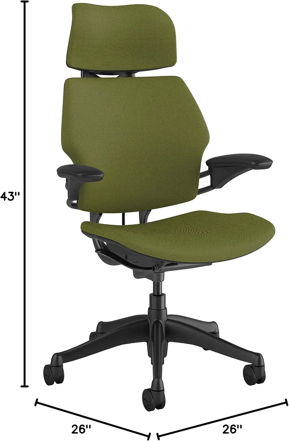 Humanscale Freedom Office Chair with Headrest - Ergonomic Work Chair with Standard Height Adjustable Duron Arms - Wheels for Carpet - Graphite Frame with Clover Green Fourtis Fabric