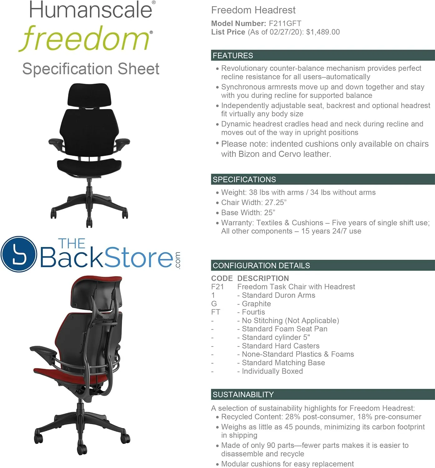 Humanscale Freedom Office Chair with Headrest - Ergonomic Work Chair with Standard Height Adjustable Duron Arms - Wheels for Carpet - Graphite Frame with Clover Green Fourtis Fabric