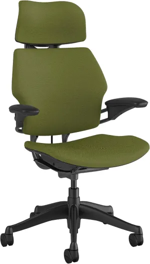 Humanscale Freedom Office Chair with Headrest - Ergonomic Work Chair with Standard Height Adjustable Duron Arms - Wheels for Carpet - Graphite Frame with Clover Green Fourtis Fabric