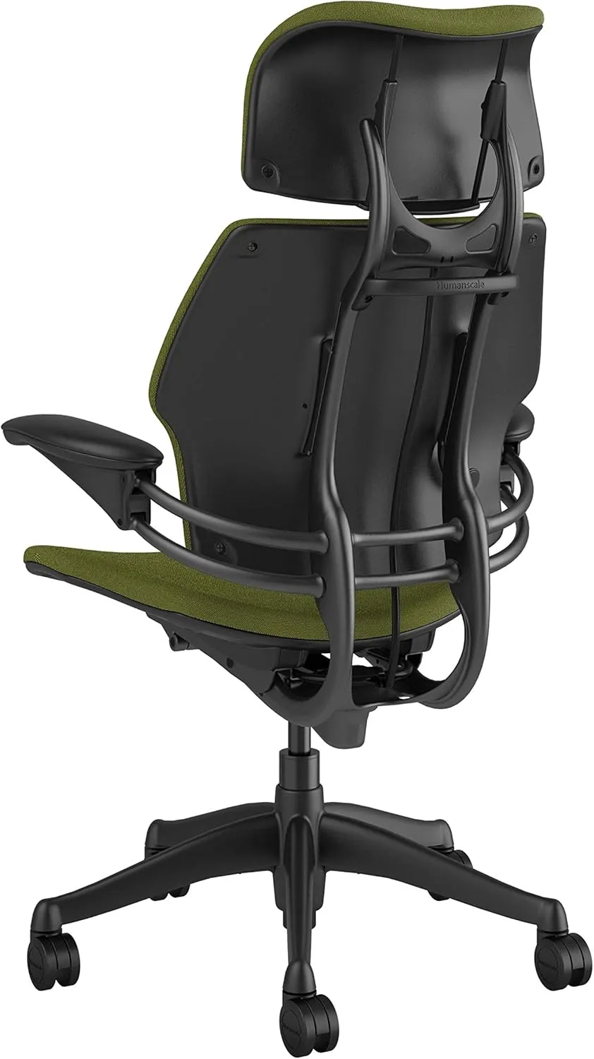 Humanscale Freedom Office Chair with Headrest - Ergonomic Work Chair with Standard Height Adjustable Duron Arms - Wheels for Carpet - Graphite Frame with Clover Green Fourtis Fabric