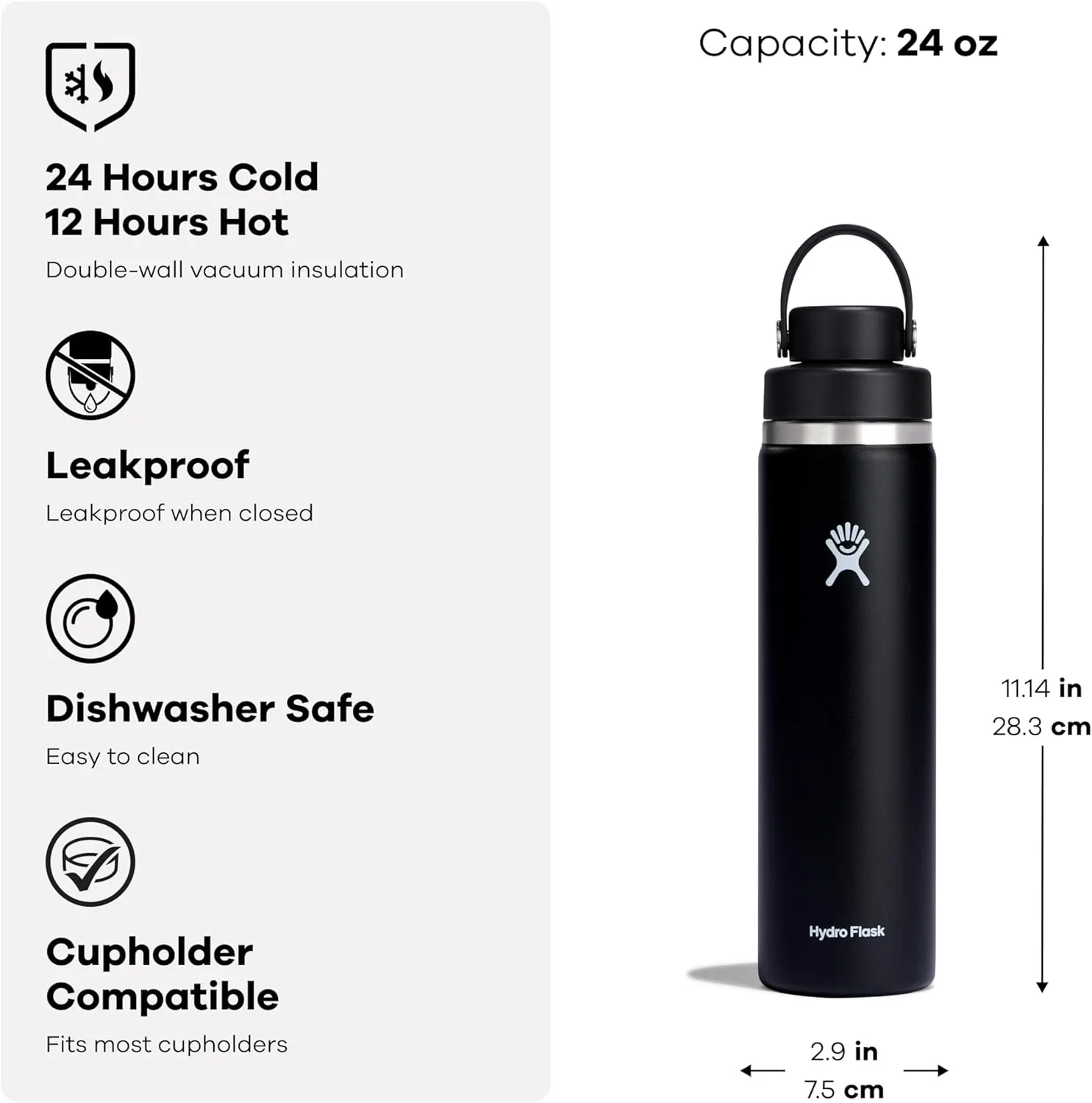 HYDRO FLASK Wide Mouth Chug Cap vacuum insulated stainless steel water bottle with leakproof closeable lid for cold water drinks, sports, travel, car and school