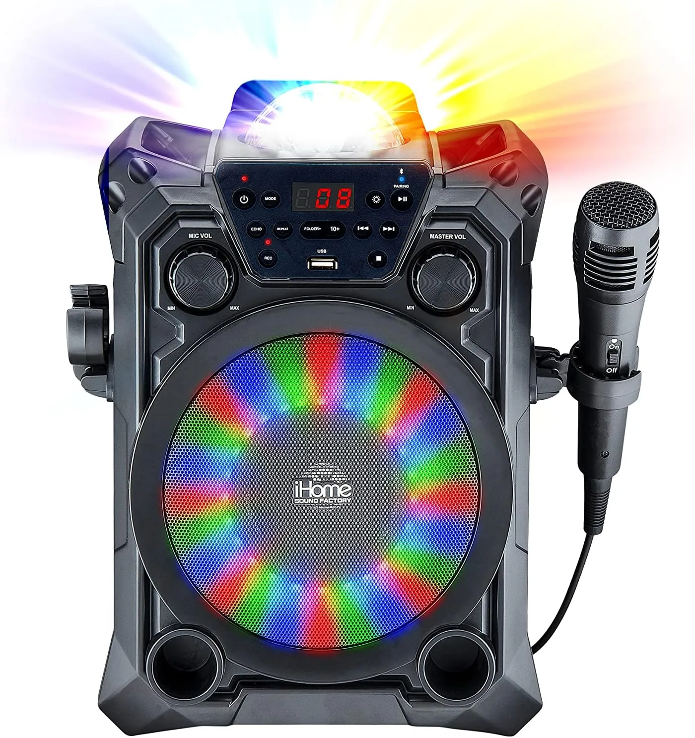 iHome Karaoke Machine Wireless Bluetooth Speaker System and Microphone with LED Disco Party Lights, Echo Control, USB, Compatible with Samsung Apple Tablets MP3