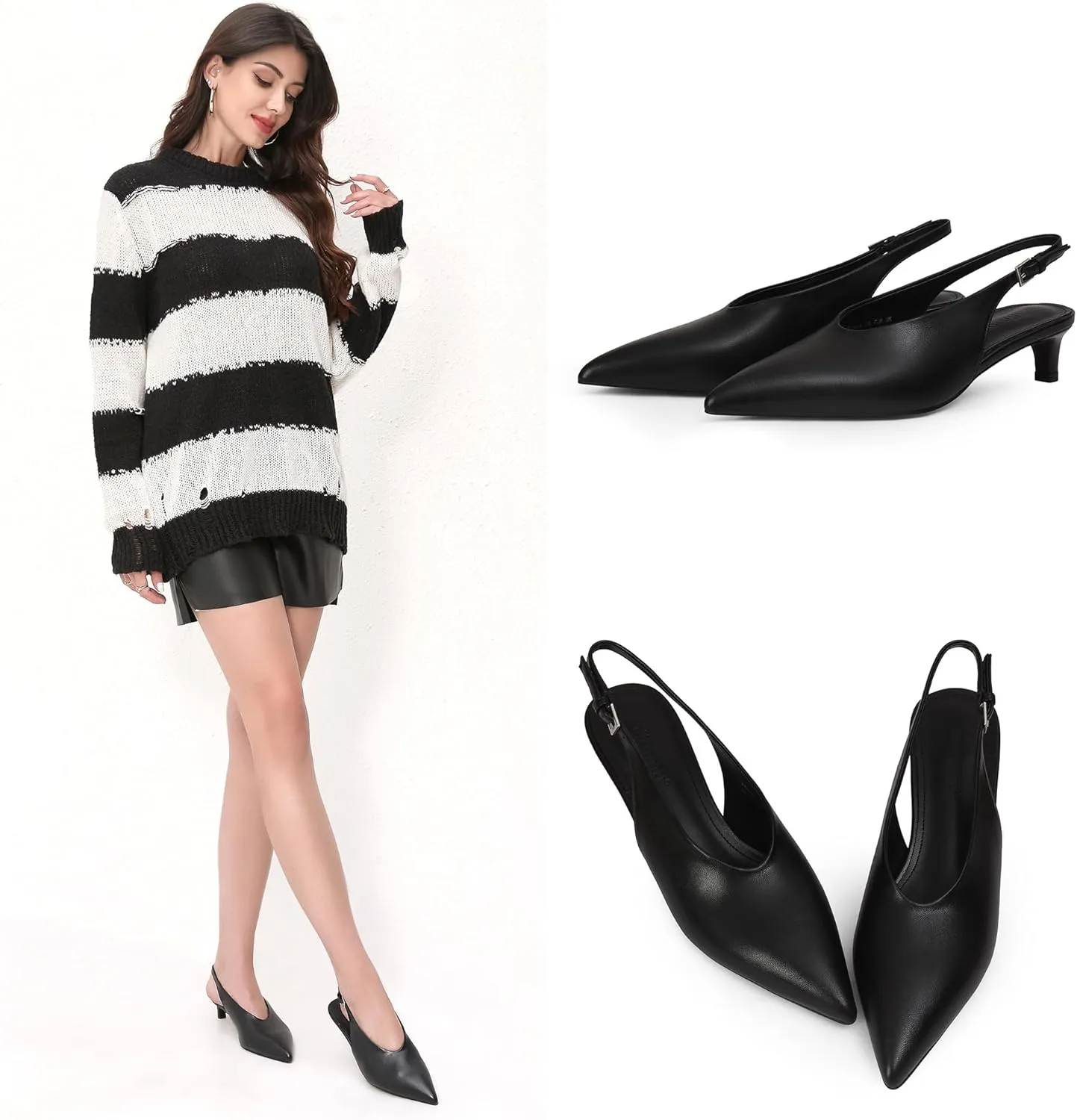 iiimmu Slingback Heels for Women Closed Toe 2 IN Kitten Heels Pointed Toe Women Pumps Low Heel Dress Shoes Faux Leather