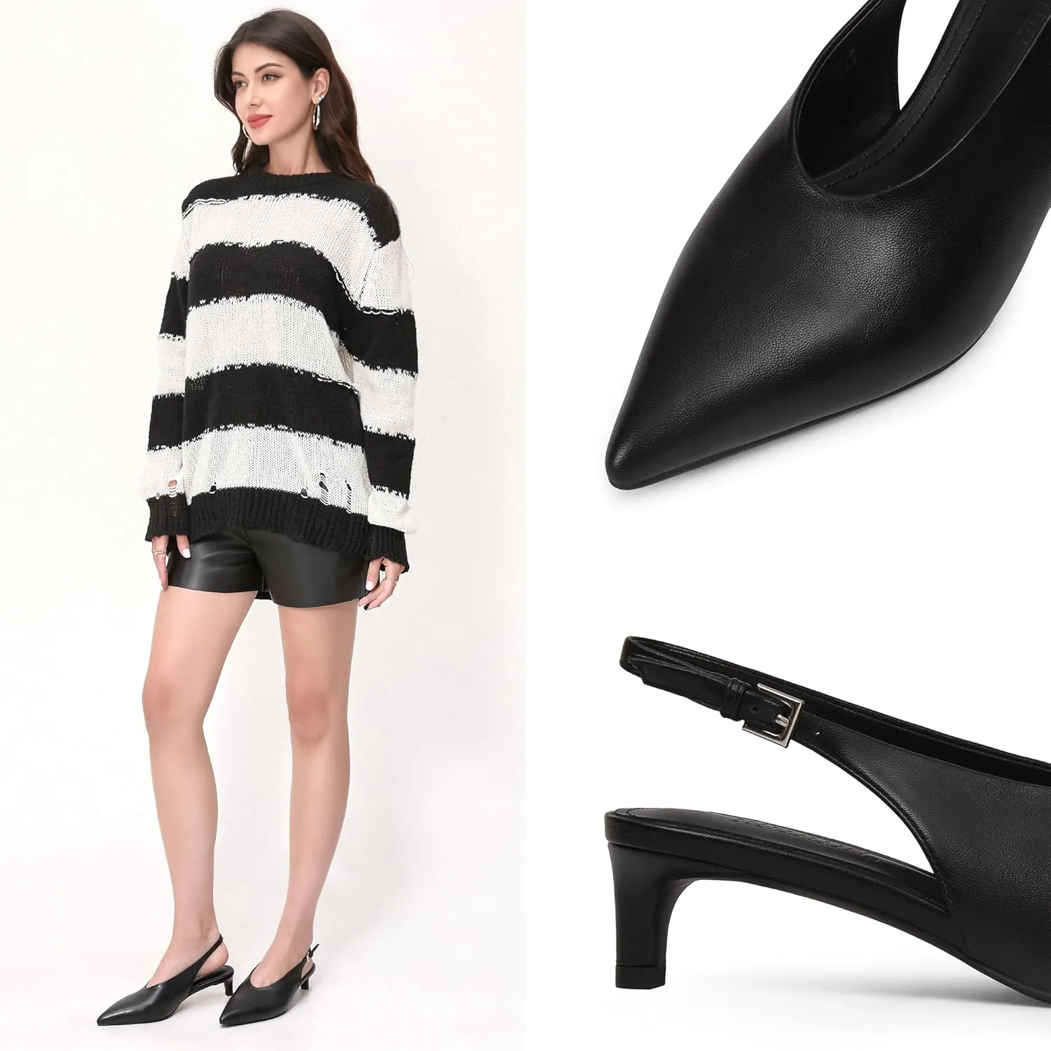 iiimmu Slingback Heels for Women Closed Toe 2 IN Kitten Heels Pointed Toe Women Pumps Low Heel Dress Shoes Faux Leather