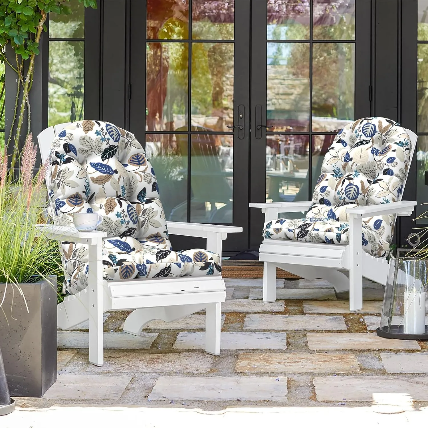 Indoor/Outdoor Adirondack Chair Cushions 44 x 19 x 4 Inch, Tufted Outdoor Rocking Chair Cushion, Anti-Slip High Back Patio Chair Cushions, Set of 2, Breeze Leaves Beige