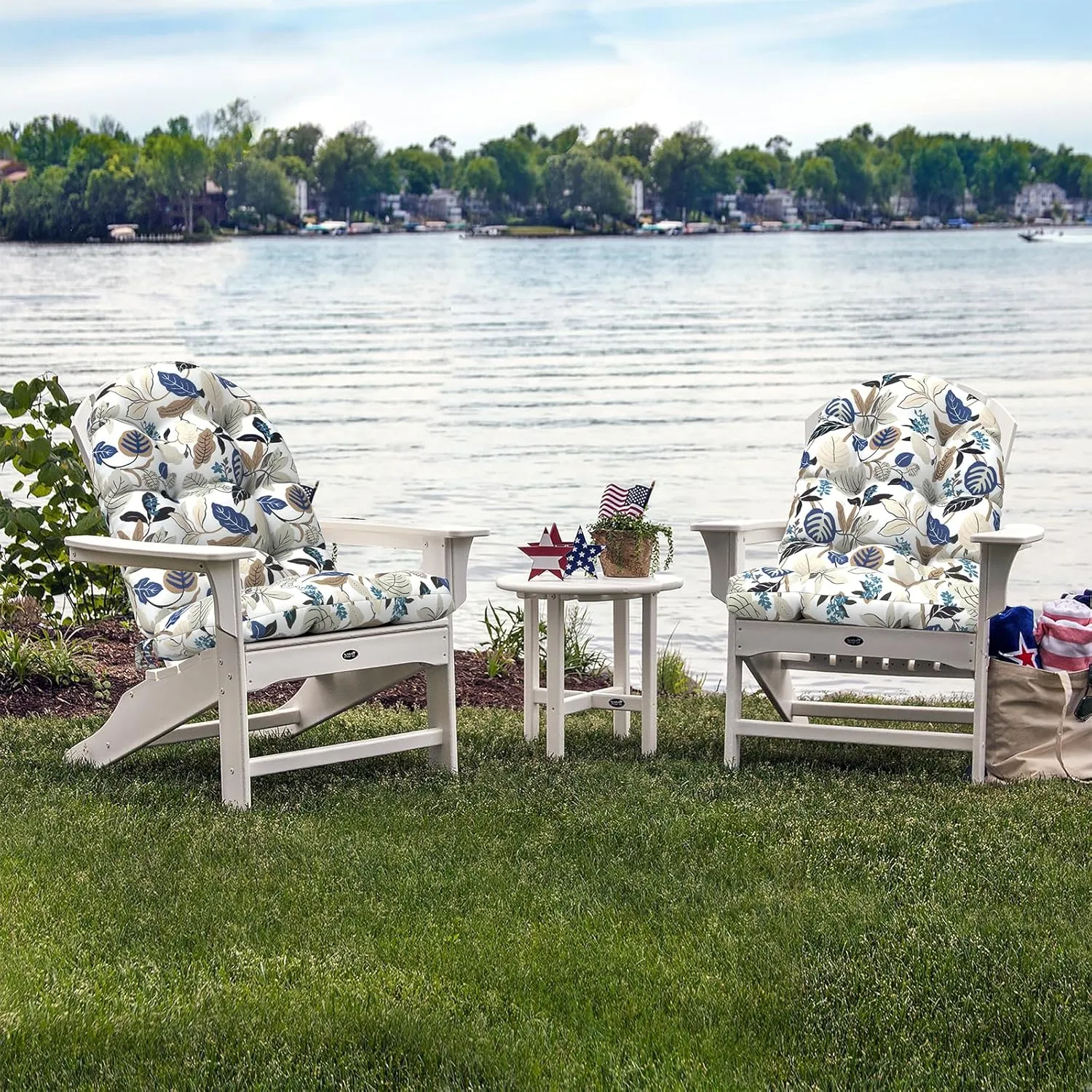 Indoor/Outdoor Adirondack Chair Cushions 44 x 19 x 4 Inch, Tufted Outdoor Rocking Chair Cushion, Anti-Slip High Back Patio Chair Cushions, Set of 2, Breeze Leaves Beige