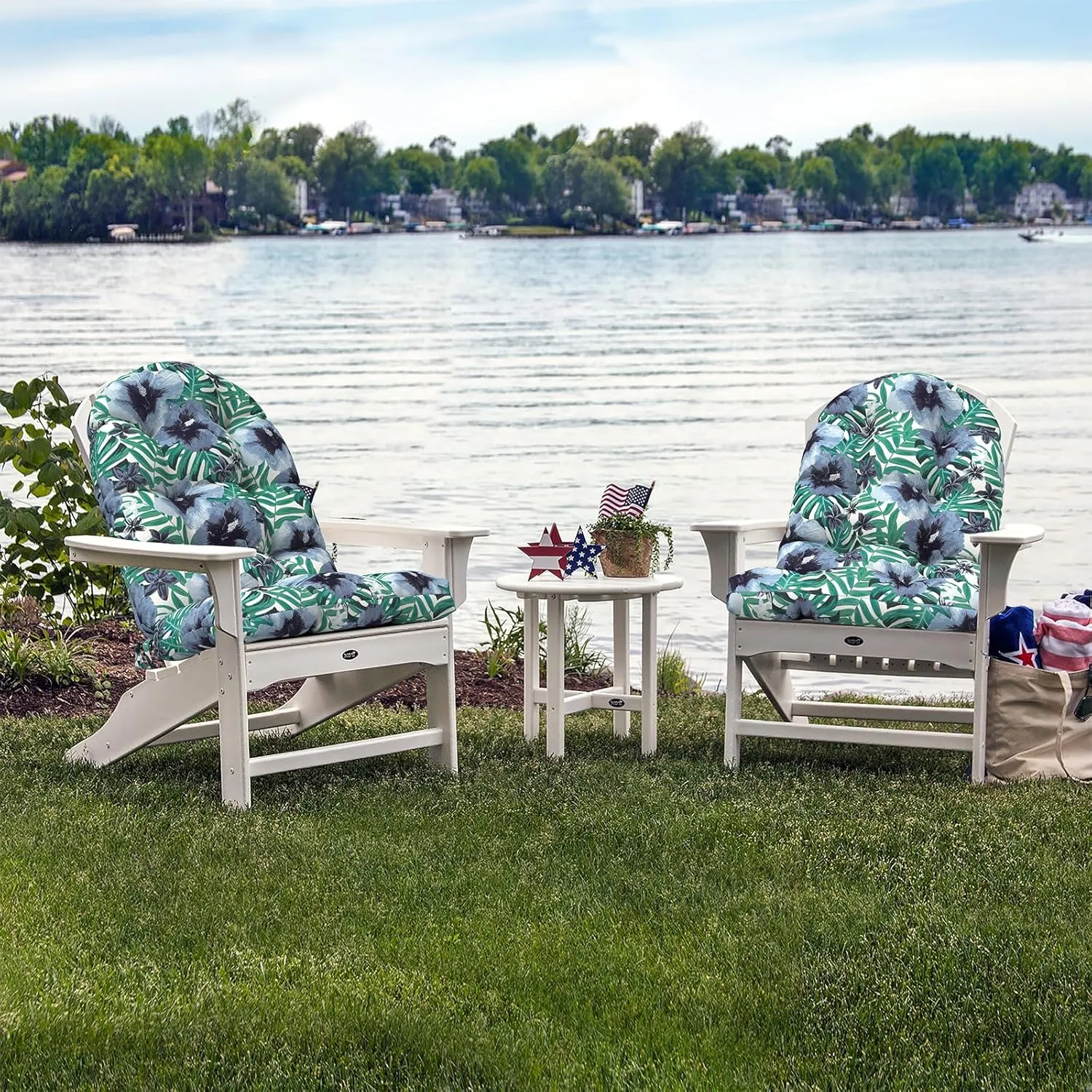 Indoor/Outdoor Adirondack Chair Cushions 44 x 19 x 4 Inch, Tufted Outdoor Rocking Chair Cushion, Anti-Slip High Back Patio Chair Cushions, Set of 2,Blue Salmone Tropical