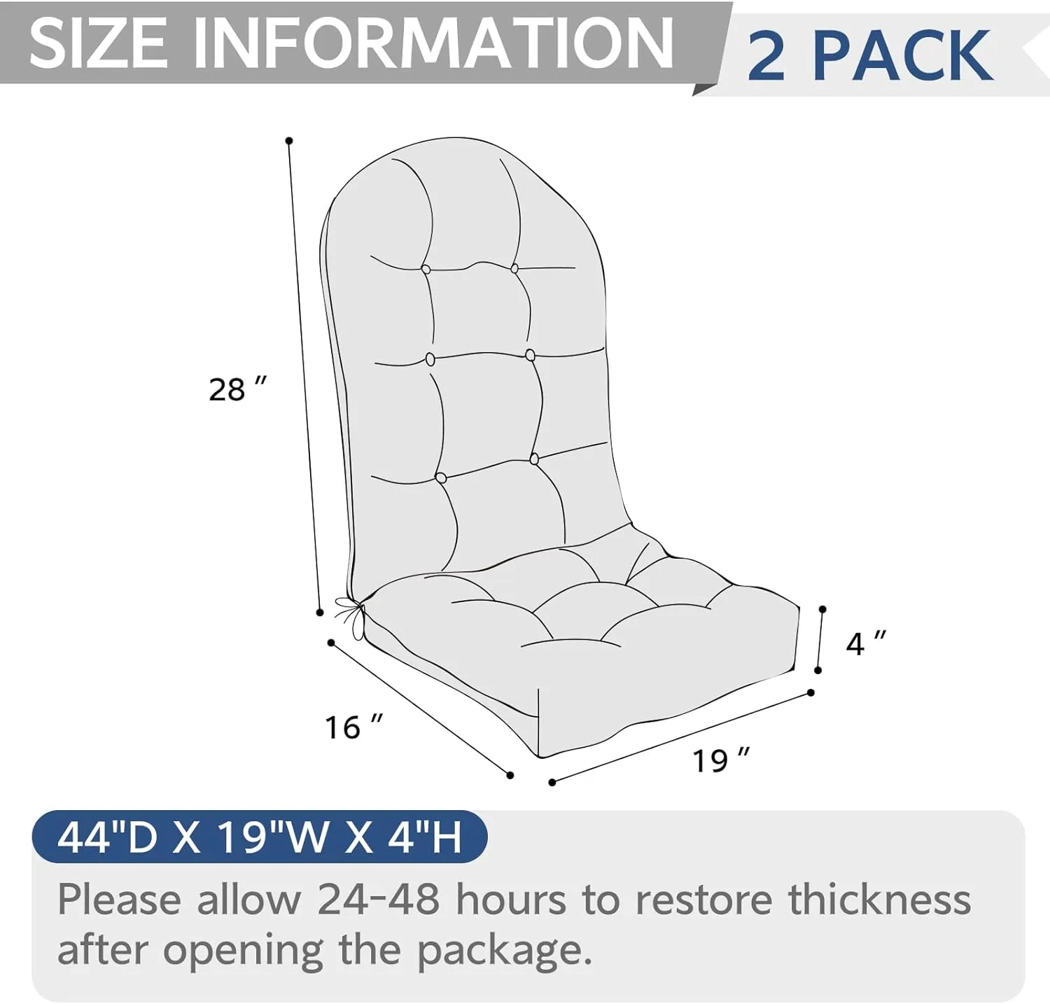 Indoor/Outdoor Adirondack Chair Cushions 44 x 19 x 4 Inch, Tufted Outdoor Rocking Chair Cushion, Anti-Slip High Back Patio Chair Cushions, Set of 2,Blue Salmone Tropical