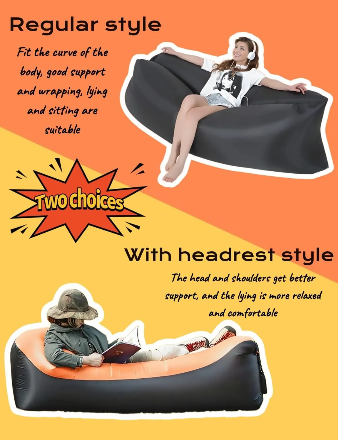 Inflatable Lounger Air Sofa Hammock - Portable, Water-Resistant and Leakproof Ideal for Backyard, Lakeside, Beach, Camping and More (Regular Style, All Black.)
