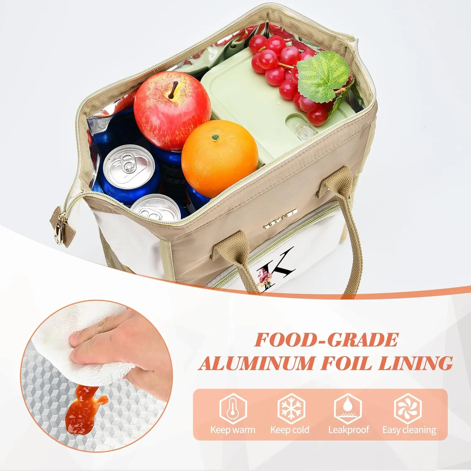 Initial Lunch Bag Women, Cooler Insulated Lunch Bag, Large Adult Leakproof Lunch Box for Picnic Work, Personalized Tote Bag, Birthday Gifts/Mother's Day Gifts, Letter R.