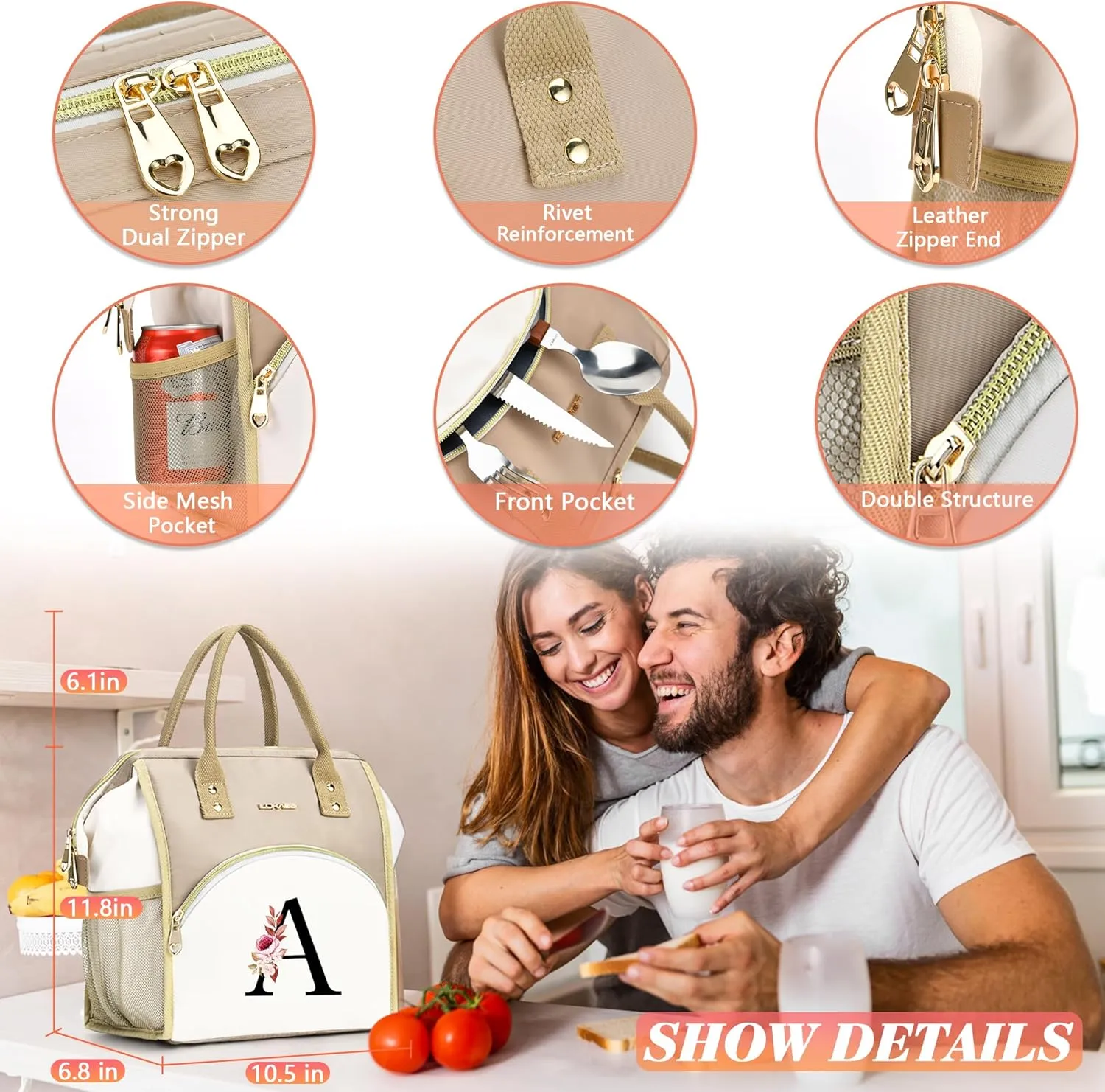 Initial Lunch Bag Women, Cooler Insulated Lunch Bag, Large Adult Leakproof Lunch Box for Picnic Work, Personalized Tote Bag, Birthday Gifts/Mother's Day Gifts, Letter R.