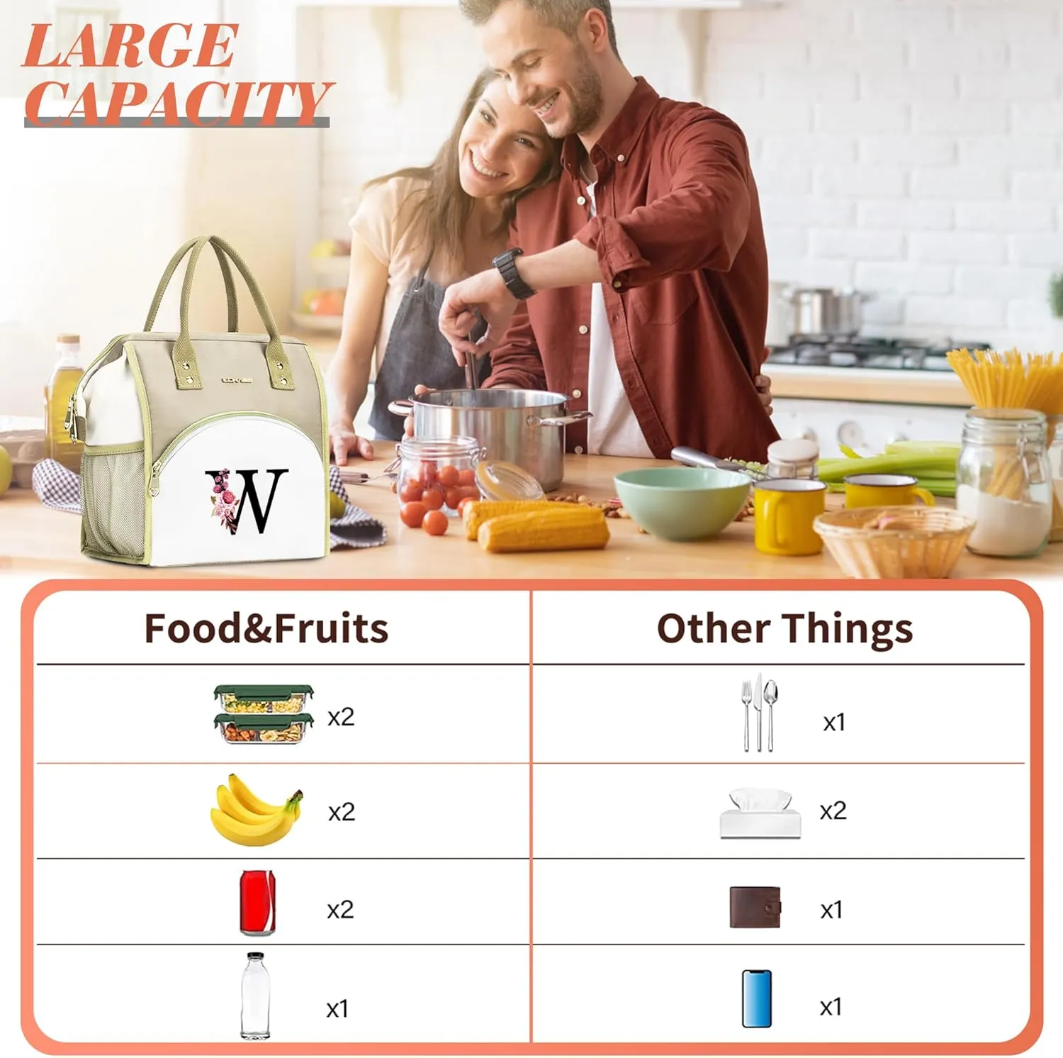 Initial Lunch Bag Women, Cooler Insulated Lunch Bag, Large Adult Leakproof Lunch Box for Picnic Work, Personalized Tote Bag, Birthday Gifts/Mother's Day Gifts, Letter R.