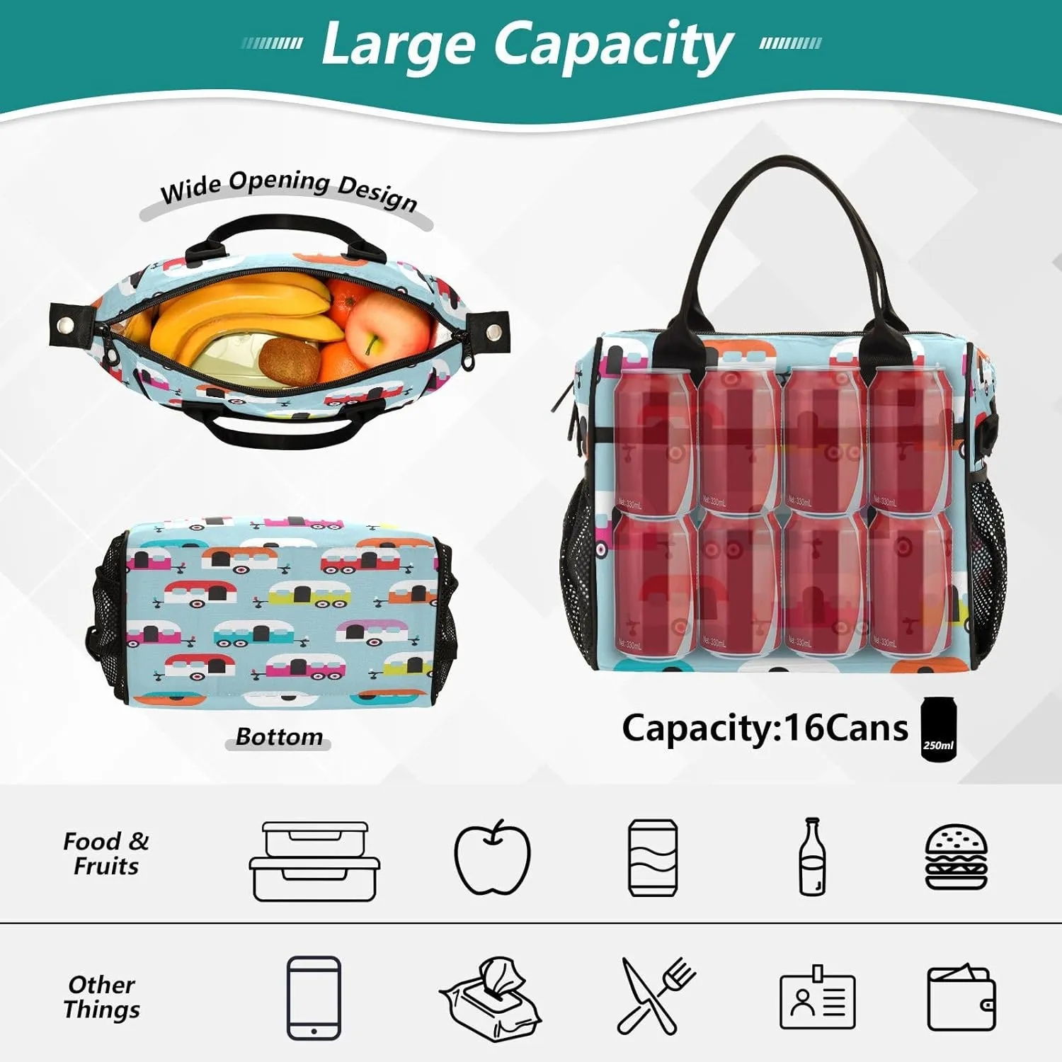 Insulated Lunch Bag for Men Women Happy Camper Caravan Reusable Lunch Tote Bag Portable Lunch Box Cooler Bag for Work School Picnic M