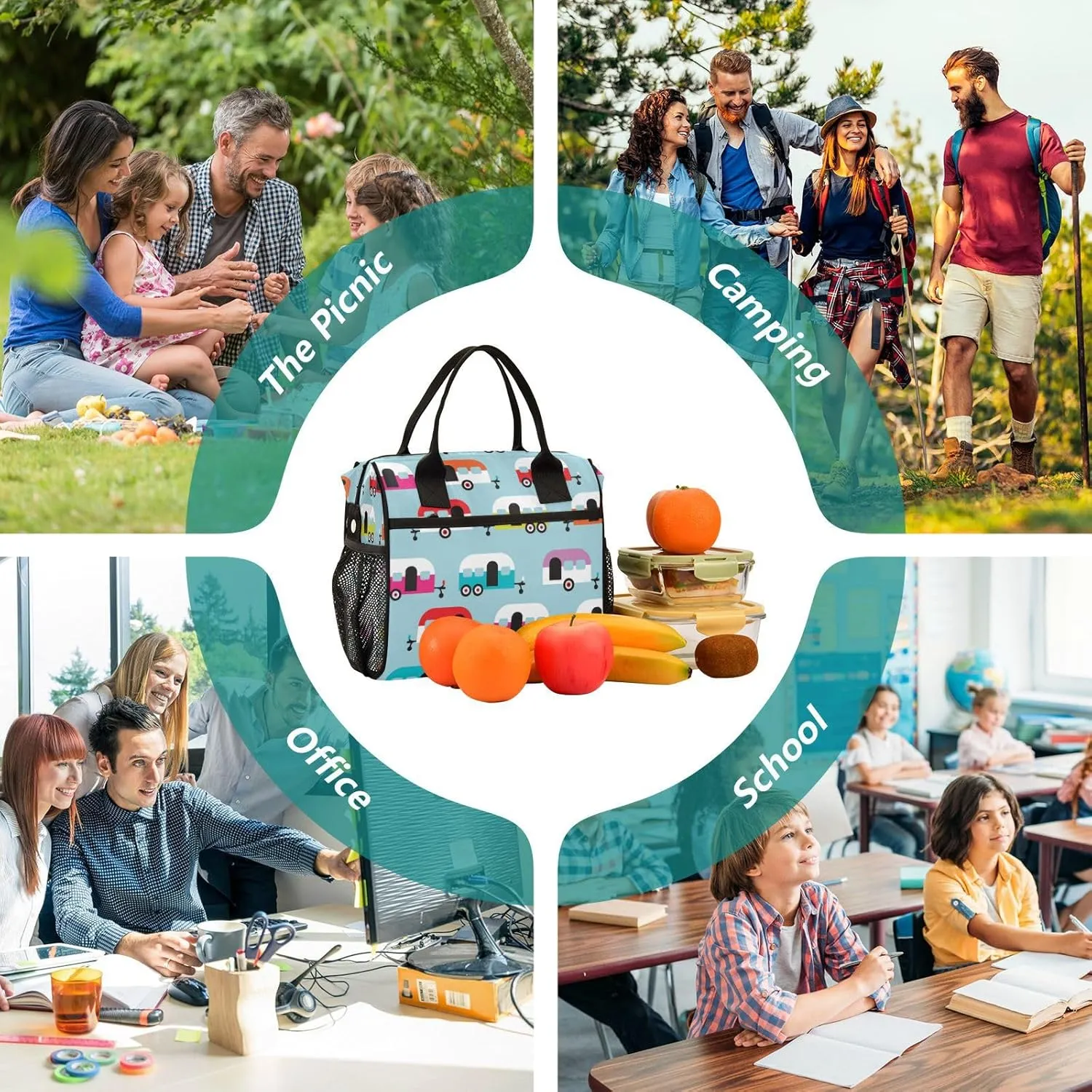 Insulated Lunch Bag for Men Women Happy Camper Caravan Reusable Lunch Tote Bag Portable Lunch Box Cooler Bag for Work School Picnic M