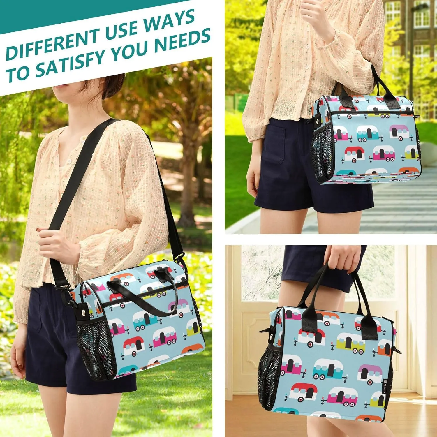 Insulated Lunch Bag for Men Women Happy Camper Caravan Reusable Lunch Tote Bag Portable Lunch Box Cooler Bag for Work School Picnic M