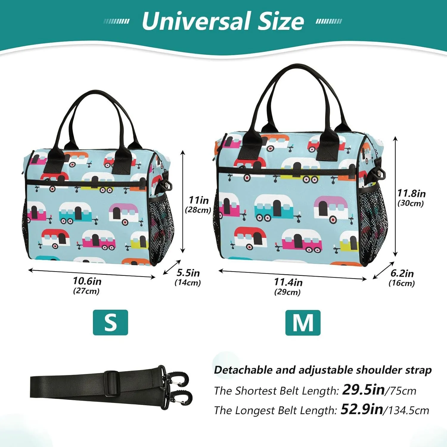 Insulated Lunch Bag for Men Women Happy Camper Caravan Reusable Lunch Tote Bag Portable Lunch Box Cooler Bag for Work School Picnic M