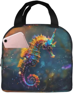 Insulated Lunch Bags for Men Women Work - Neon Seahorse Underwater Realm Soft Small Adult Lunch Box for Men Women, Fashion Cooler Bag Insulated for Travel, Lunch Tote Bag for Women Men