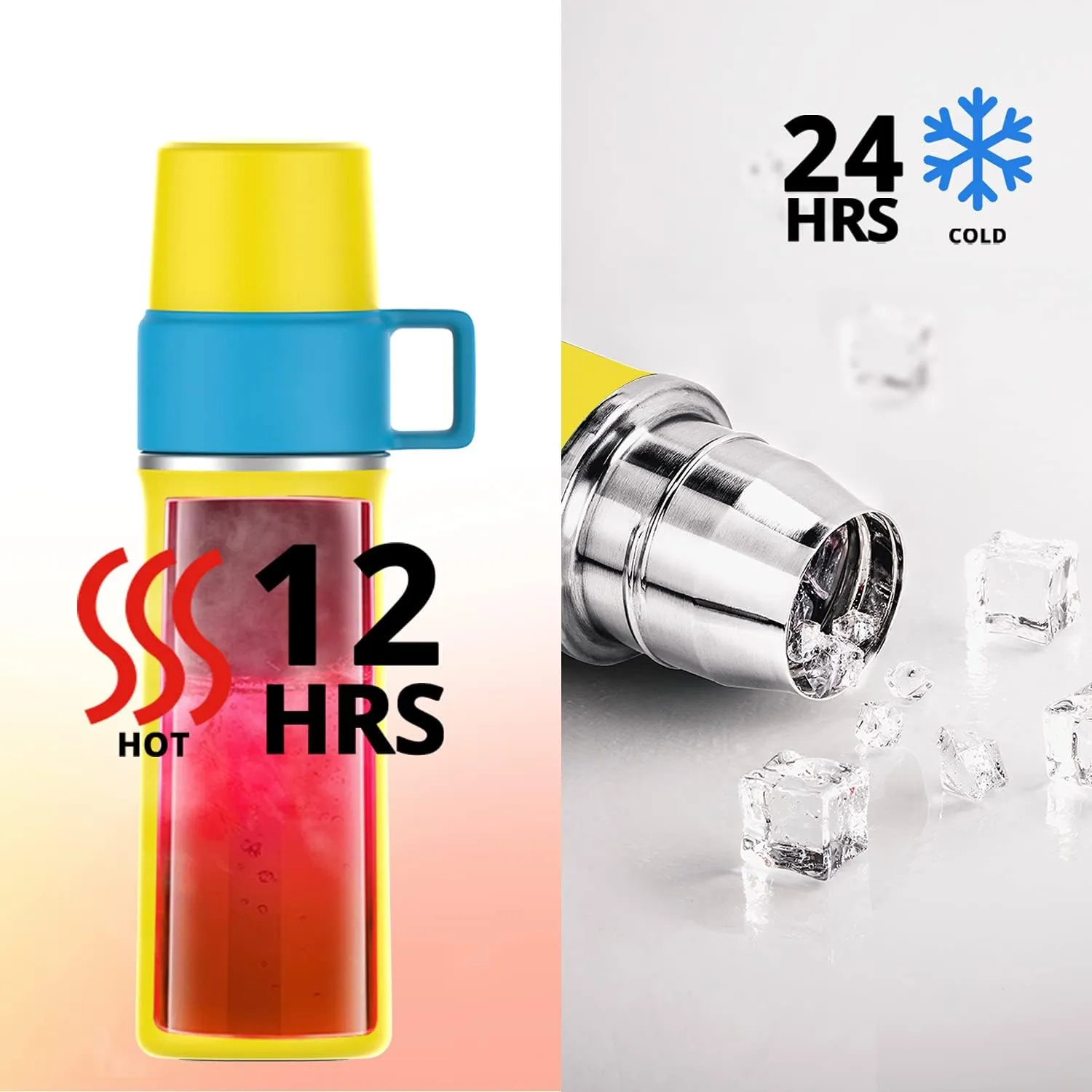 Insulated Stainless Steel Water Bottle with Cup, 21 OZ, Double-Walled Thermal Bottle for Hot & Cold Drinks, Yellow