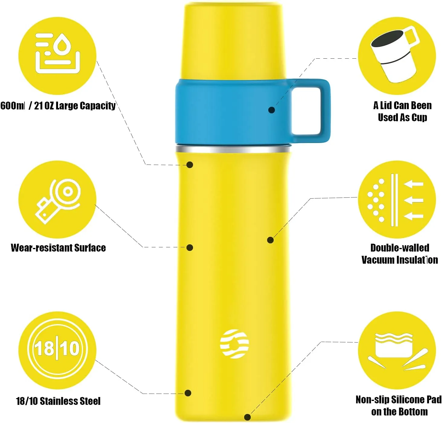 Insulated Stainless Steel Water Bottle with Cup, 21 OZ, Double-Walled Thermal Bottle for Hot & Cold Drinks, Yellow