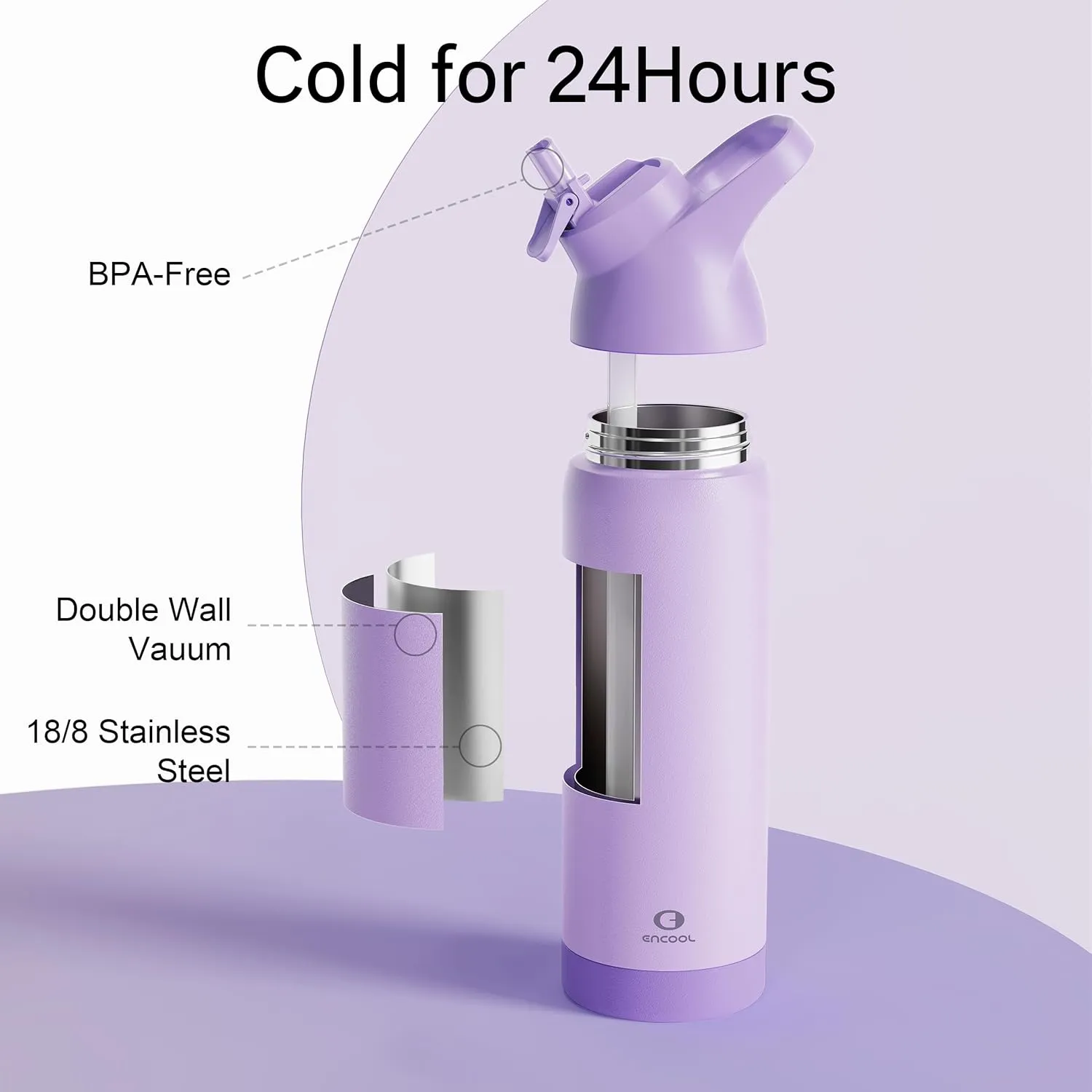 Insulated Water Bottle with Straw - Encool Stainless Steel Water Bottle, Reusable Leakproof and BPA-Free for Sports, Travel, Cold for 24 Hours, 24 oz, Lavender