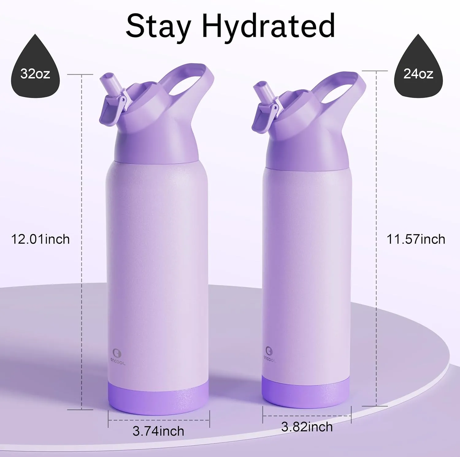 Insulated Water Bottle with Straw - Encool Stainless Steel Water Bottle, Reusable Leakproof and BPA-Free for Sports, Travel, Cold for 24 Hours, 24 oz, Lavender