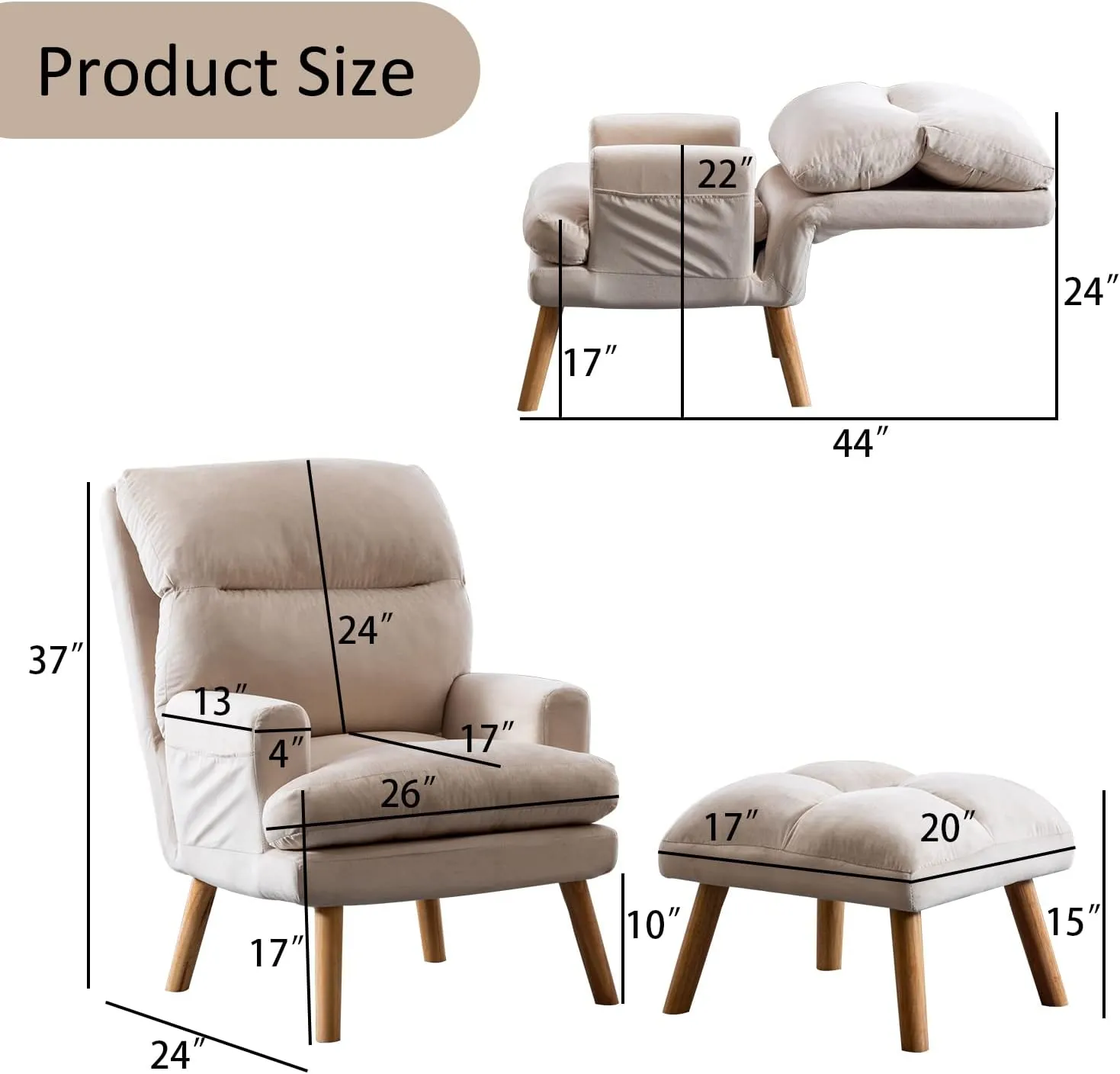 INZOY Accent Chairs with Ottoman, Velvet Fabric Armchair with Ottoman for Bedroom Living Room, Mid Century Modern Chair with Adjustable Backrest and Side Pockets, Beige