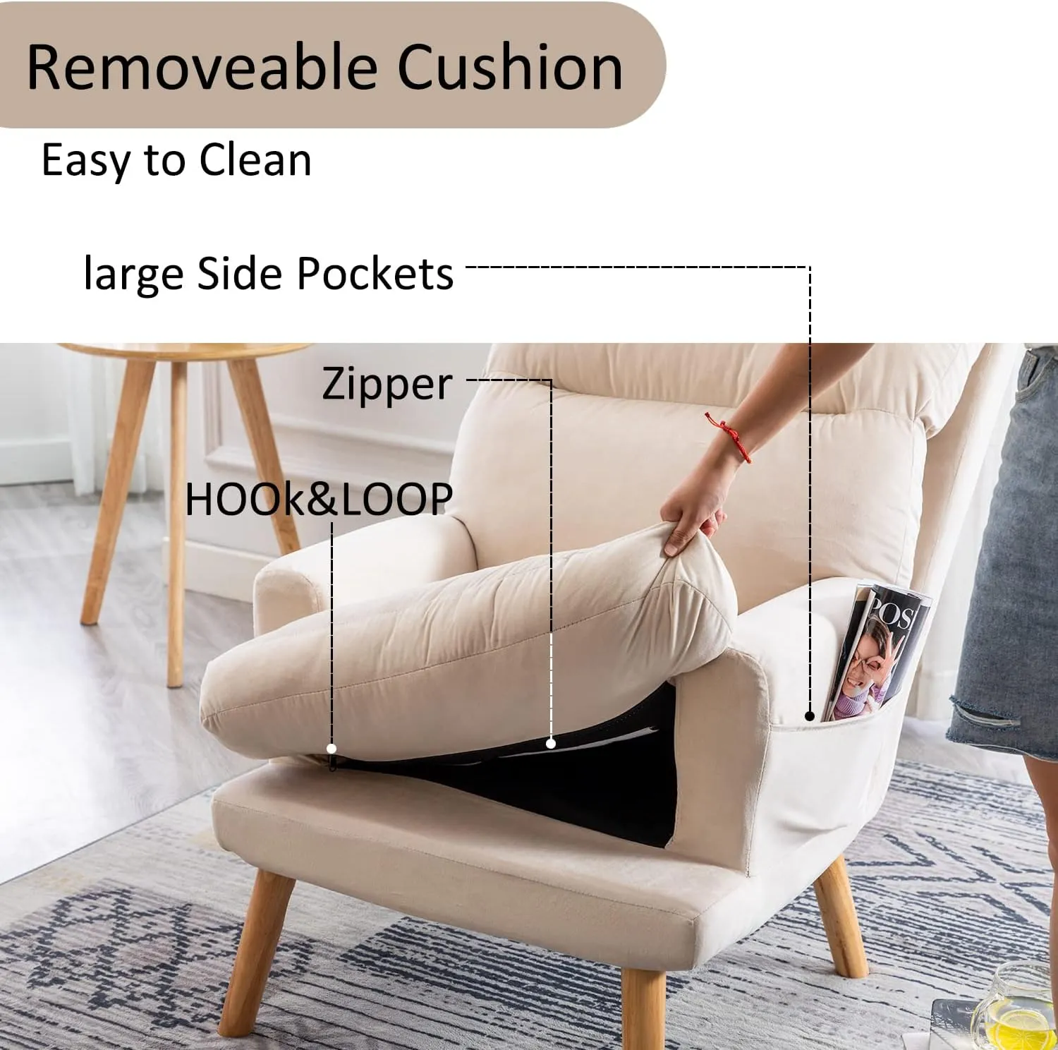 INZOY Accent Chairs with Ottoman, Velvet Fabric Armchair with Ottoman for Bedroom Living Room, Mid Century Modern Chair with Adjustable Backrest and Side Pockets, Beige