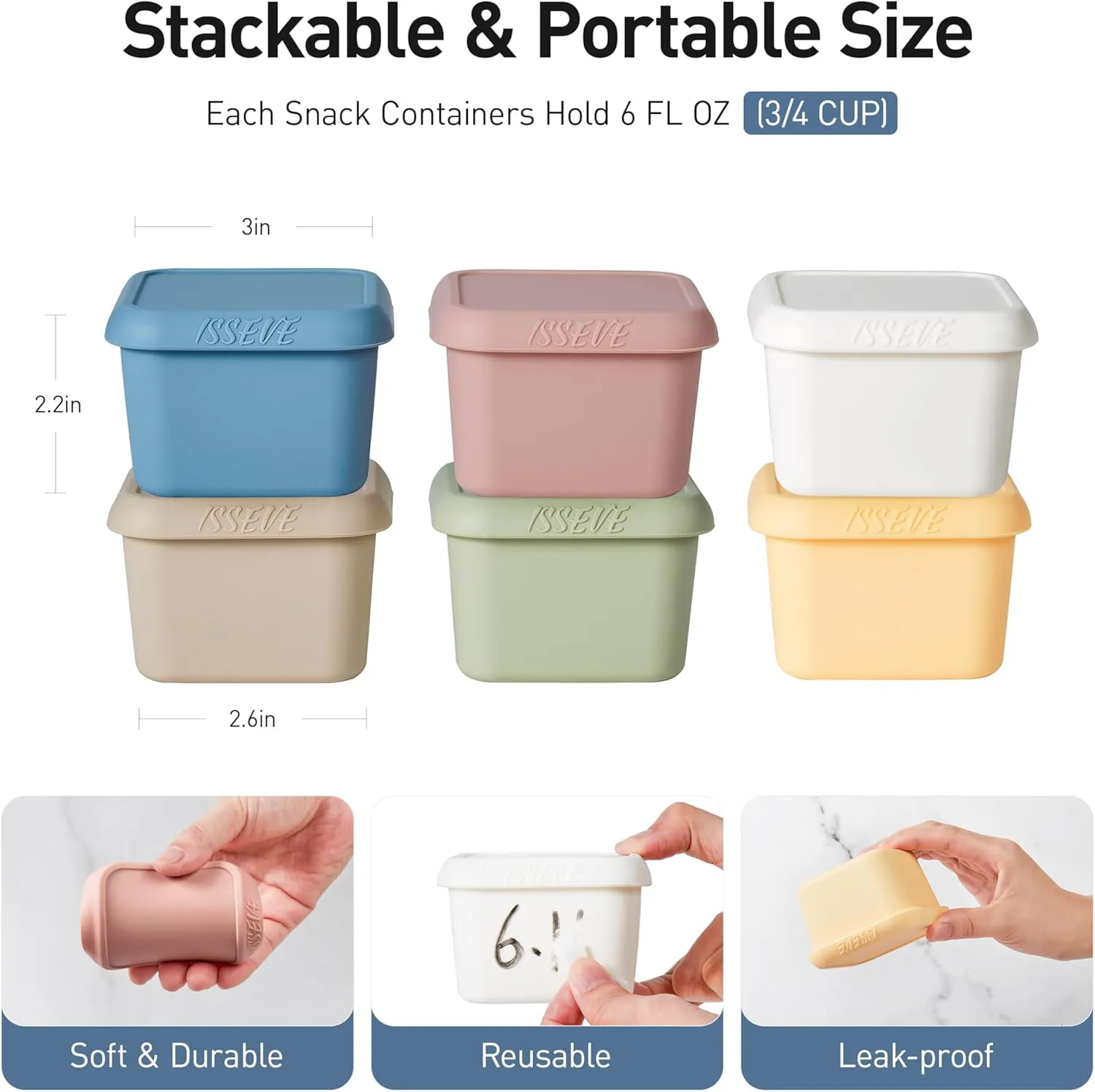 ISSEVE 6Pack 6oz Silicone Snack Containers for Kids, Reusable Small Containers with Lids, Leak Proof Silicone Food Storage Containers, Children Kids Lunch Box for Daycare, School, Travel