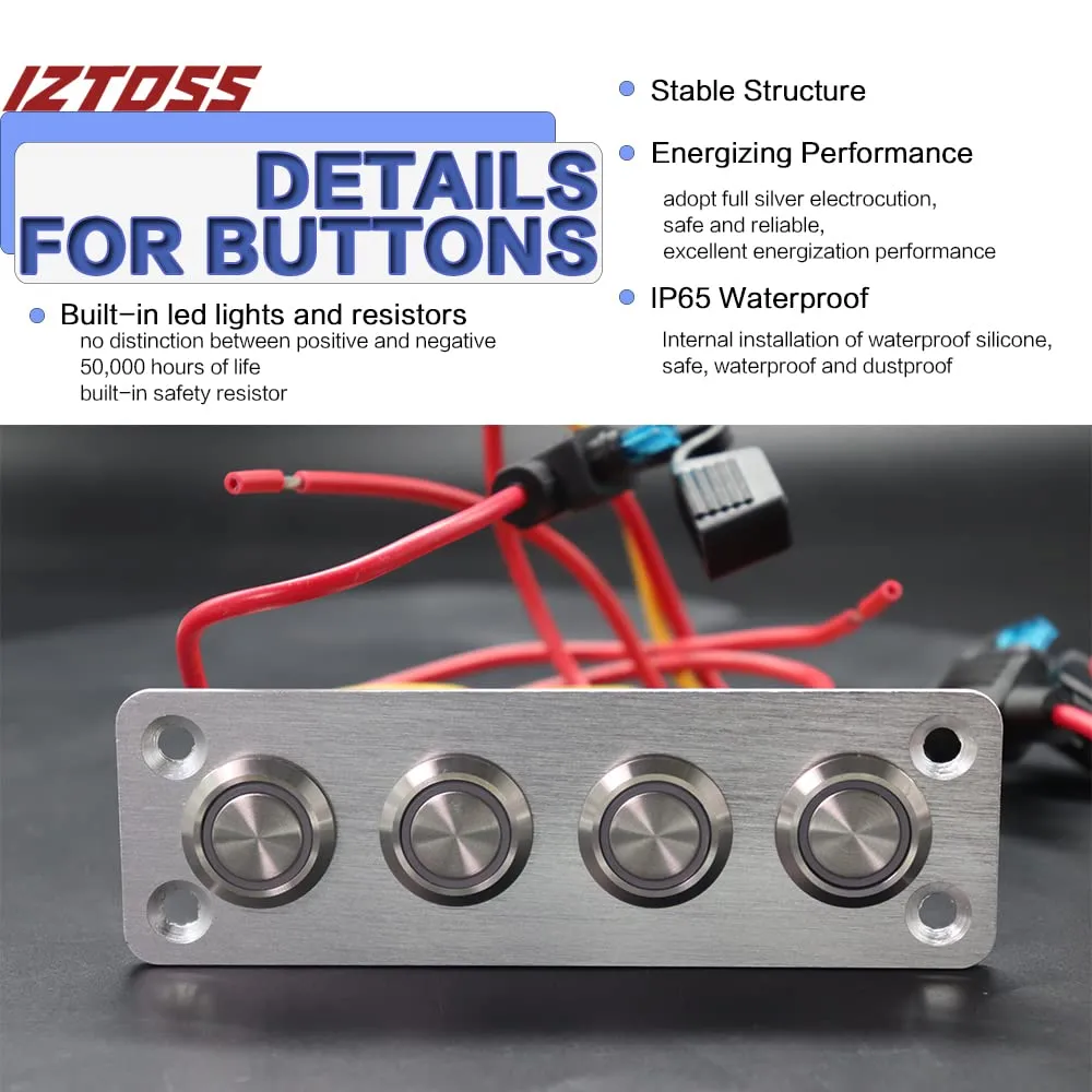 IZTOSS 4 Gang Aluminum Marine Rocker Switch Panel - Pre-Wired with Blue LED Indicator, 12-24 V Multi-Function Rocker Switch - Ideal for Marine motorhomes, Yachts