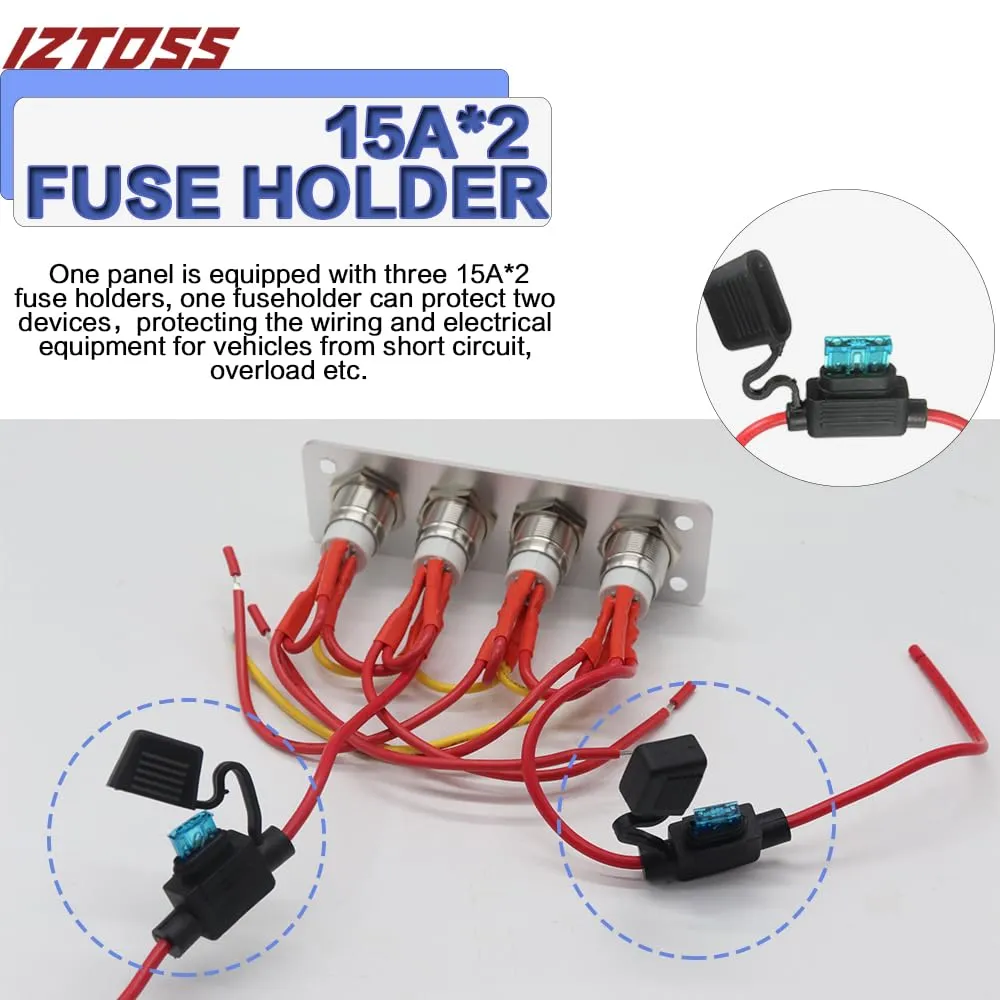 IZTOSS 4 Gang Aluminum Marine Rocker Switch Panel - Pre-Wired with Blue LED Indicator, 12-24 V Multi-Function Rocker Switch - Ideal for Marine motorhomes, Yachts