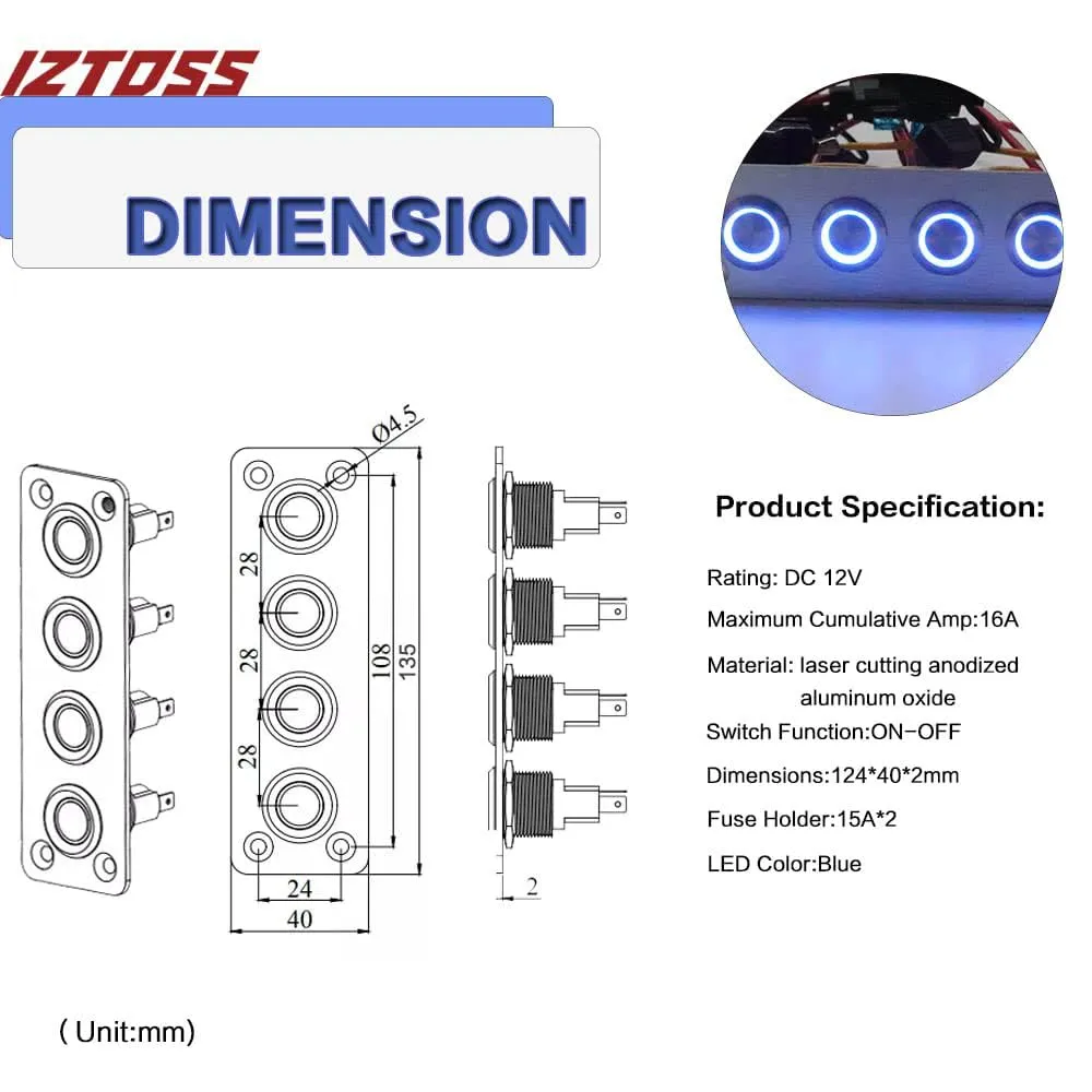 IZTOSS 4 Gang Aluminum Marine Rocker Switch Panel - Pre-Wired with Blue LED Indicator, 12-24 V Multi-Function Rocker Switch - Ideal for Marine motorhomes, Yachts