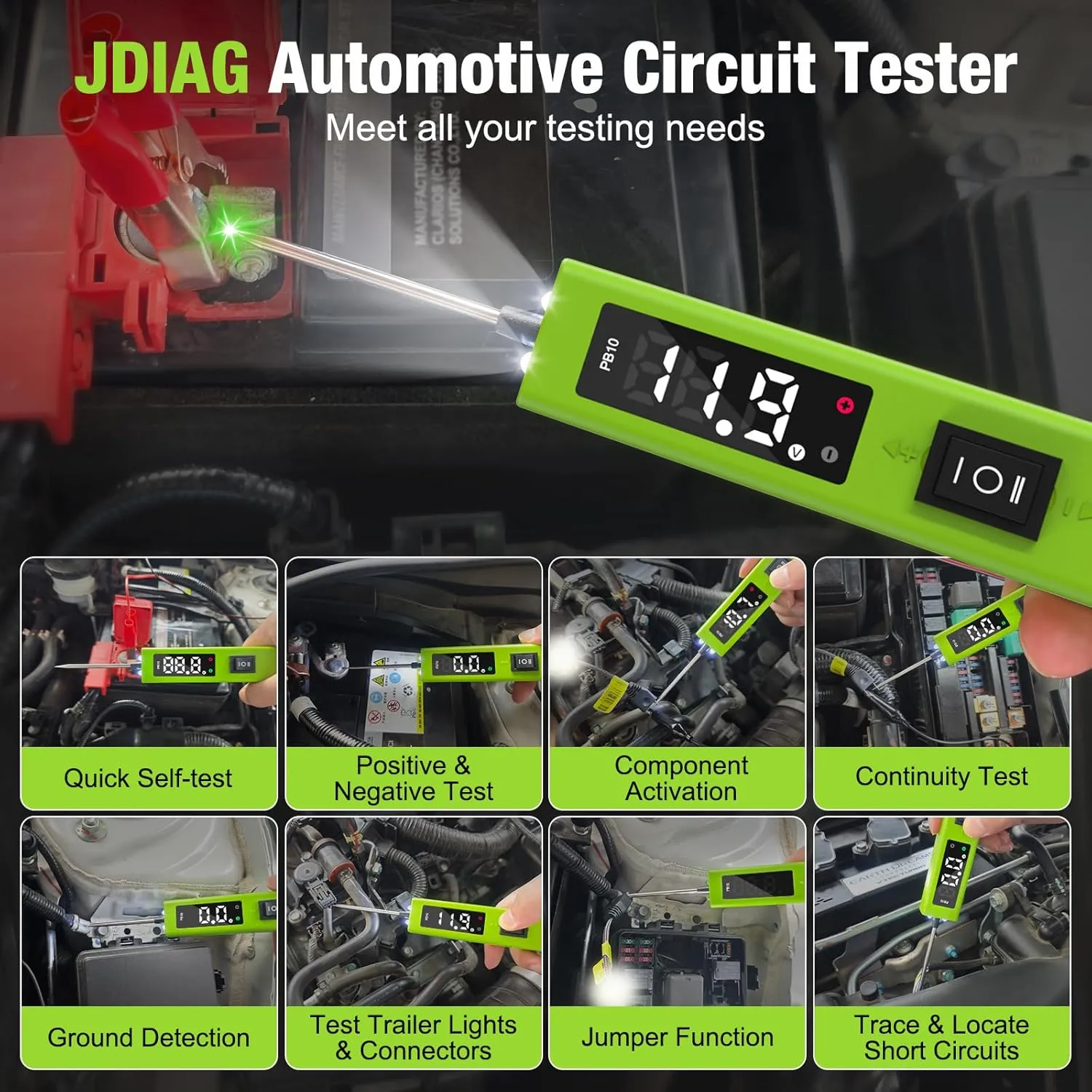JDIAG 0-80 V Test Light Automotive Circuit Tester with LED Screen & Buzzer, Power Circuit Probe Tester Component Activation DC Voltage Tester Automotive Short Circuit Finder, PB10
