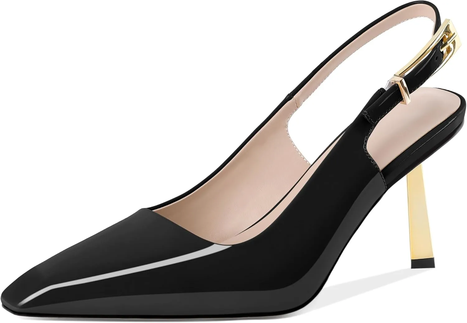 Joseywade Slingback Heels Women's Gold Heels Closed Square Toe Stiletto High Heel Pumps Metal Buckle Dress Shoes