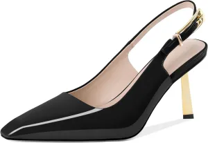 Joseywade Slingback Heels Women's Gold Heels Closed Square Toe Stiletto High Heel Pumps Metal Buckle Dress Shoes