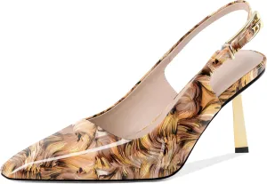 Joseywade Slingback Heels Women's Gold Heels Closed Square Toe Stiletto High Heel Pumps Metal Buckle Dress Shoes