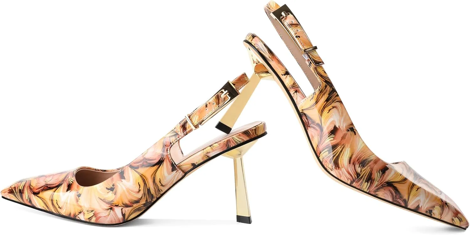 Joseywade Slingback Heels Women's Gold Heels Closed Square Toe Stiletto High Heel Pumps Metal Buckle Dress Shoes