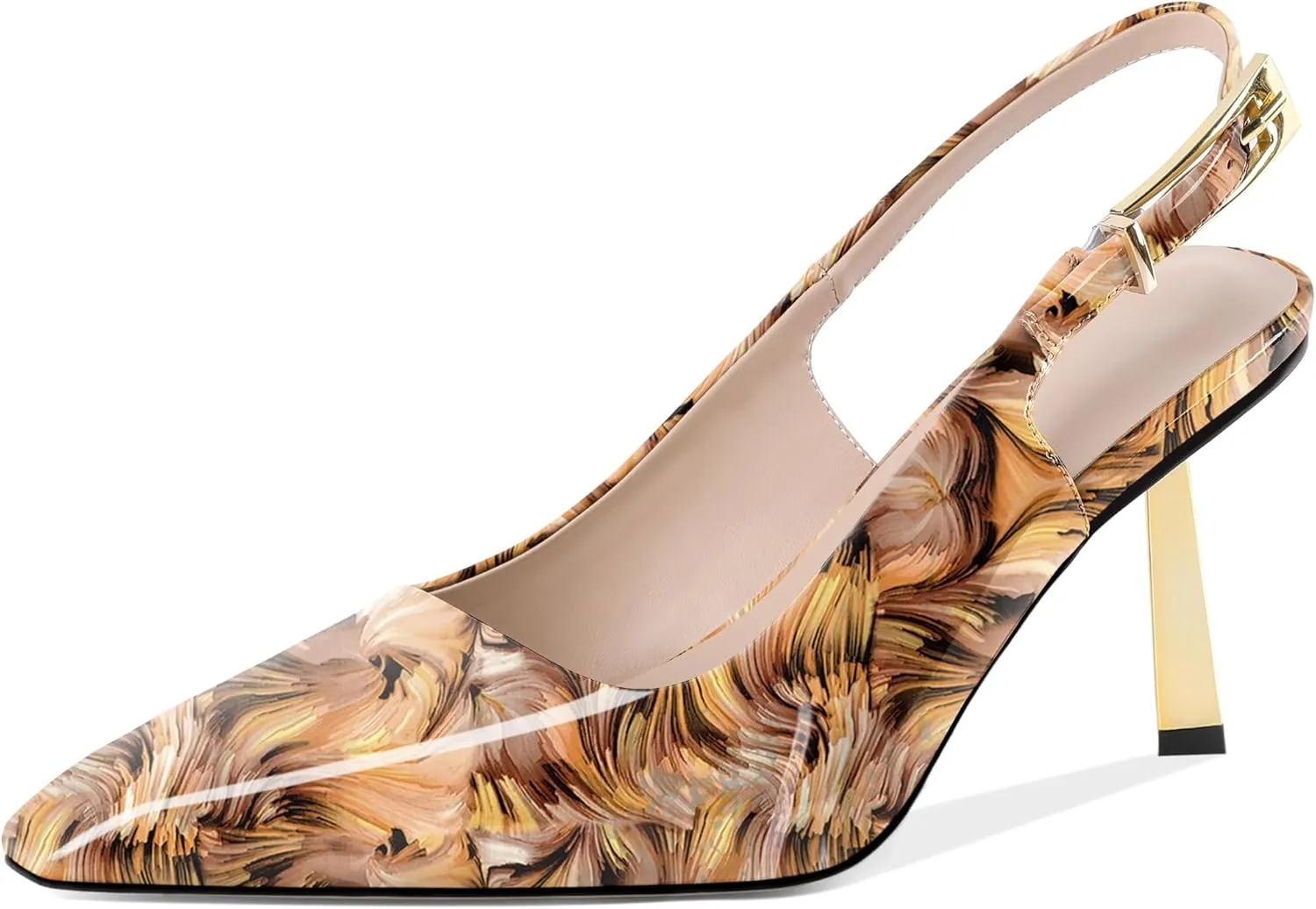 Joseywade Slingback Heels Women's Gold Heels Closed Square Toe Stiletto High Heel Pumps Metal Buckle Dress Shoes