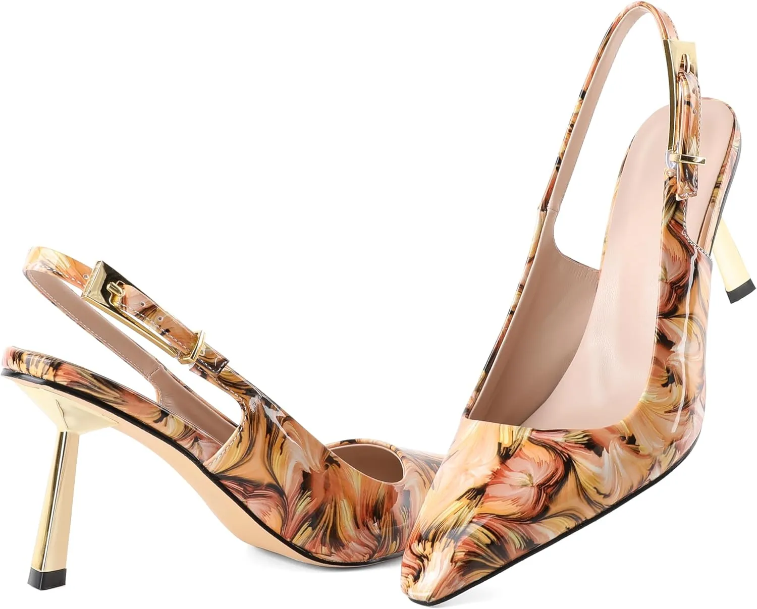 Joseywade Slingback Heels Women's Gold Heels Closed Square Toe Stiletto High Heel Pumps Metal Buckle Dress Shoes