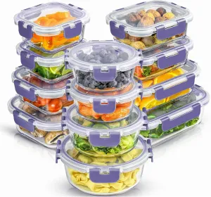 JoyJolt 24pc Borosilicate Glass Storage Containers with Lids. 12 Airtight, Freezer Safe Food Storage Containers, Pantry Kitchen Storage Containers, Glass Meal Prep Container for Lunch