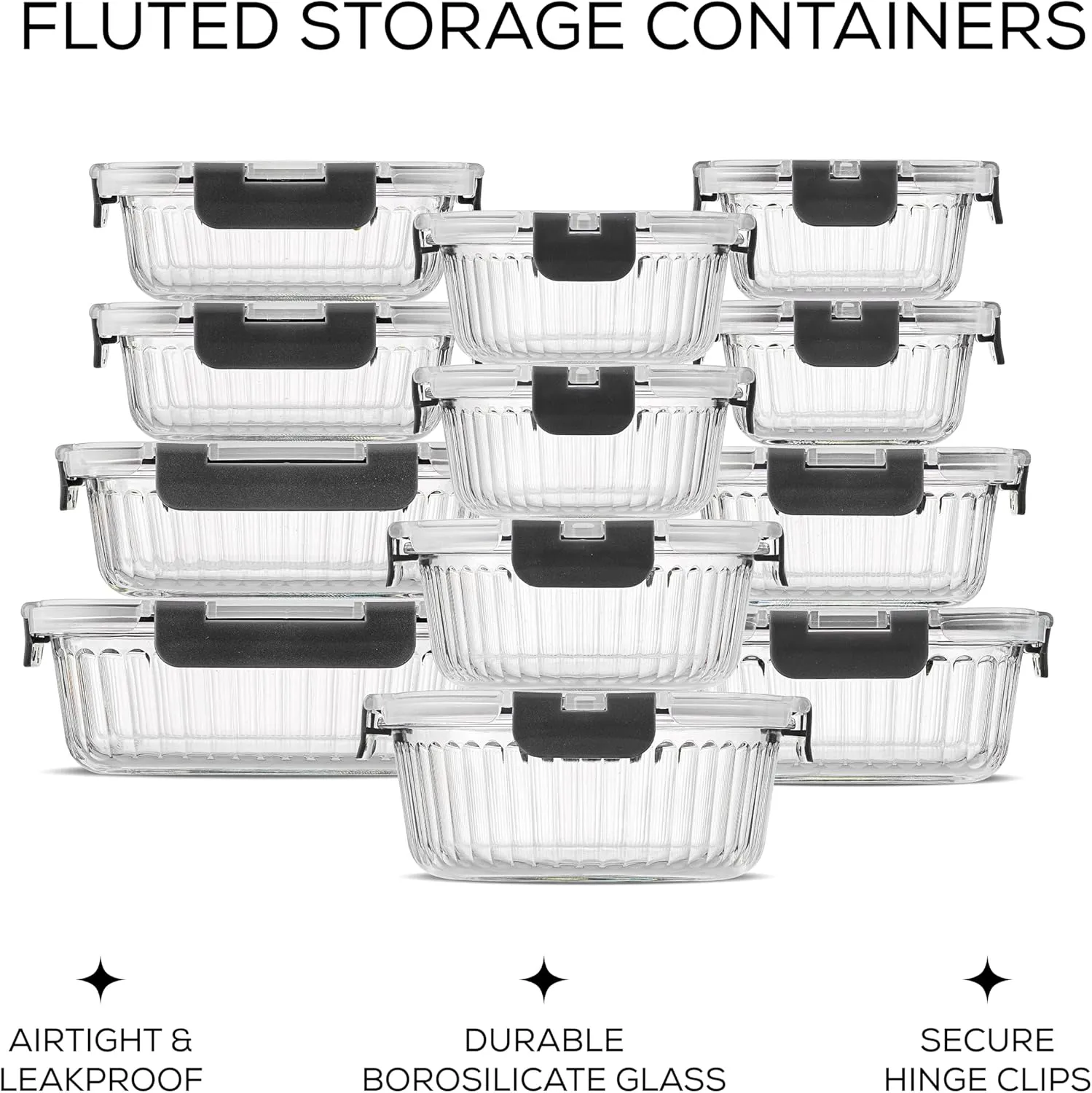 JoyJolt 24pc Fluted Glass Storage Containers with Lids. 12 Airtight, Freezer Safe Food Storage Containers, Pantry Kitchen Storage Containers, Glass Meal Prep Containers for Lunch
