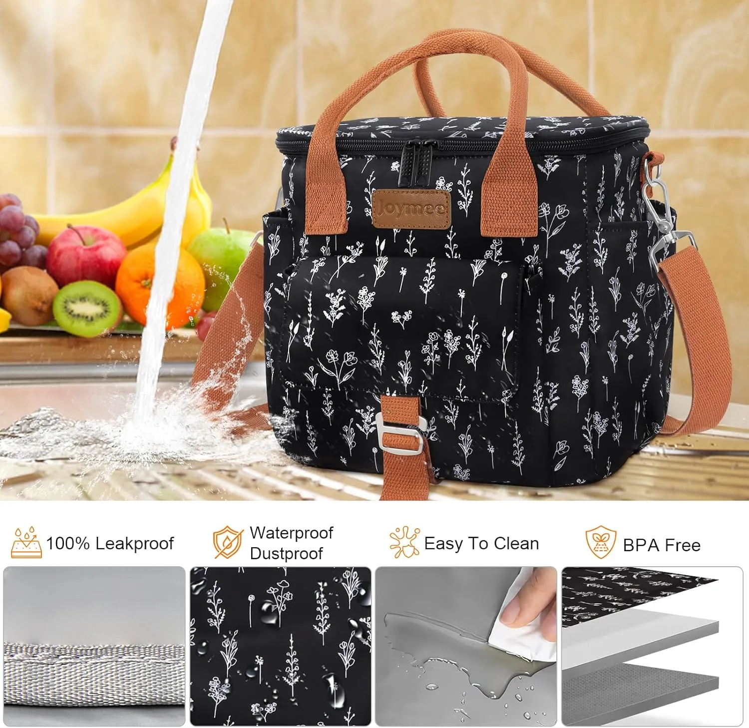 Joymee Large Insulated Lunch Bag for Women Adults, Reusable Waterproof Lunch Box for Work Picnic Camping, Small Lunch Cooler Leakproof Tote with Side Pocket Adjustable Shoulder Strap - White Floral