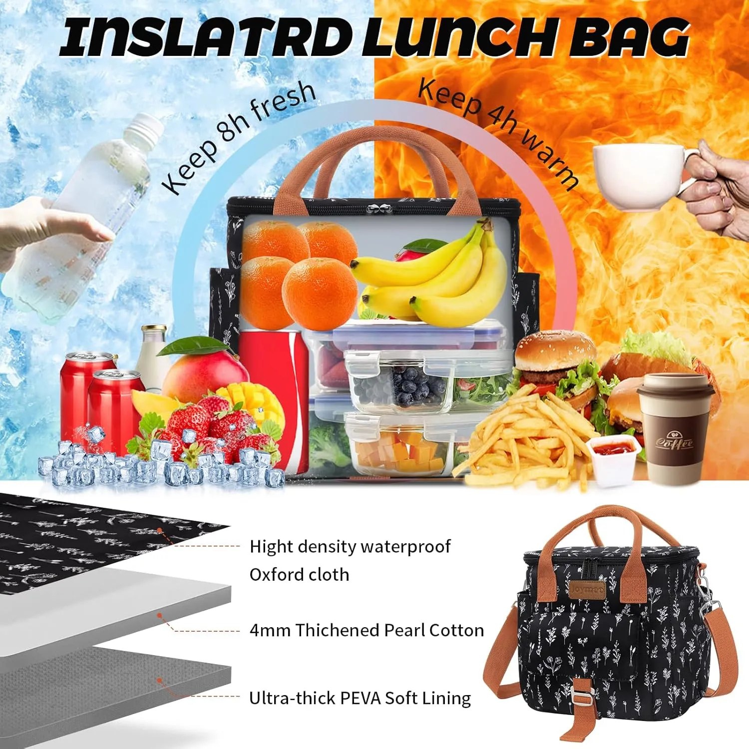 Joymee Large Insulated Lunch Bag for Women Adults, Reusable Waterproof Lunch Box for Work Picnic Camping, Small Lunch Cooler Leakproof Tote with Side Pocket Adjustable Shoulder Strap - White Floral
