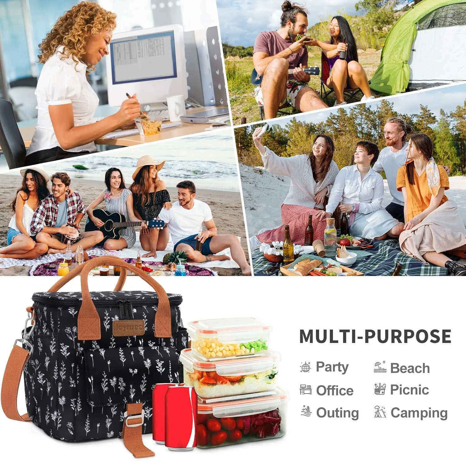 Joymee Large Insulated Lunch Bag for Women Adults, Reusable Waterproof Lunch Box for Work Picnic Camping, Small Lunch Cooler Leakproof Tote with Side Pocket Adjustable Shoulder Strap - White Floral