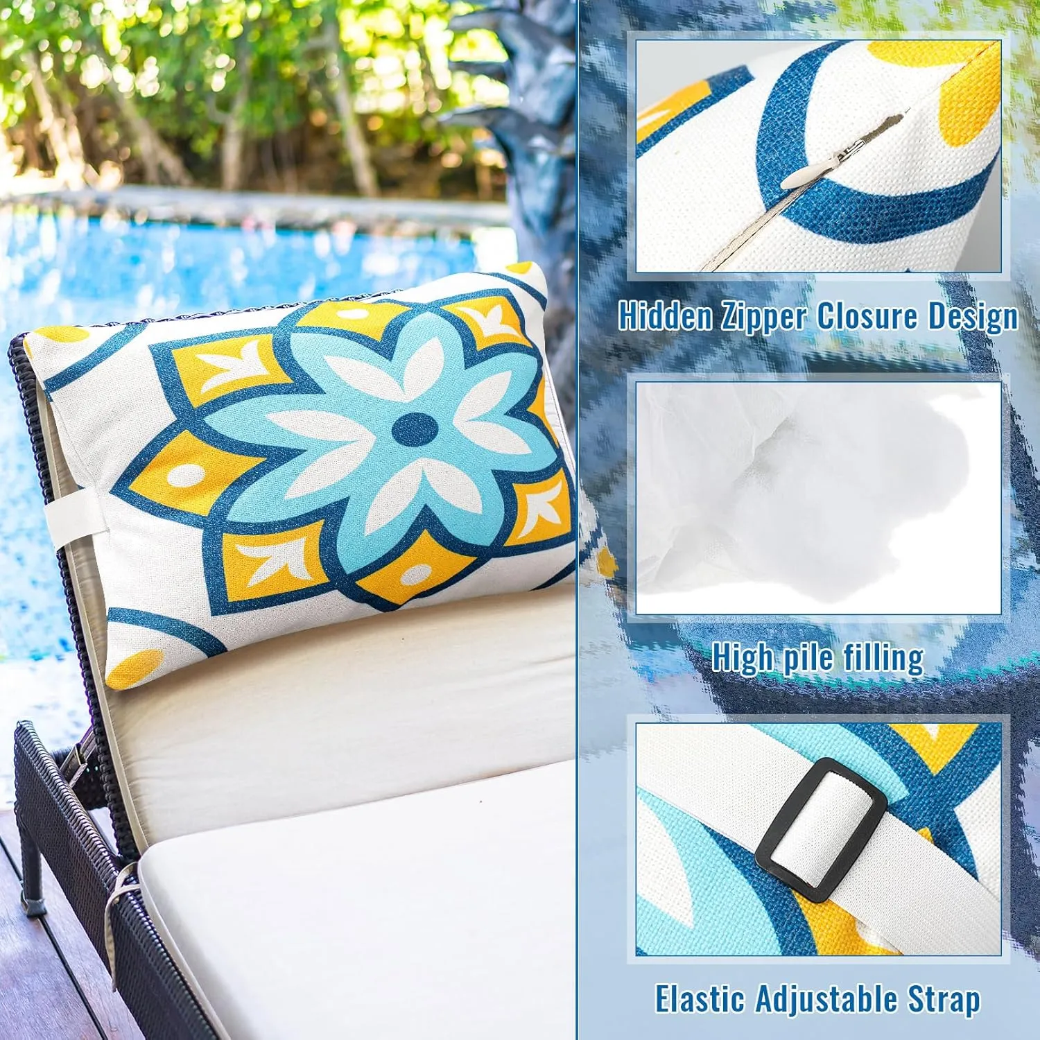 Juexica 2 Pack Outdoor Beach Chair Head Pillow with Strap 16 x 11 Inches Hammock Lumbar Lounge Recliner Resting Pillows for Beach Office Chair(Fresh Flowers)