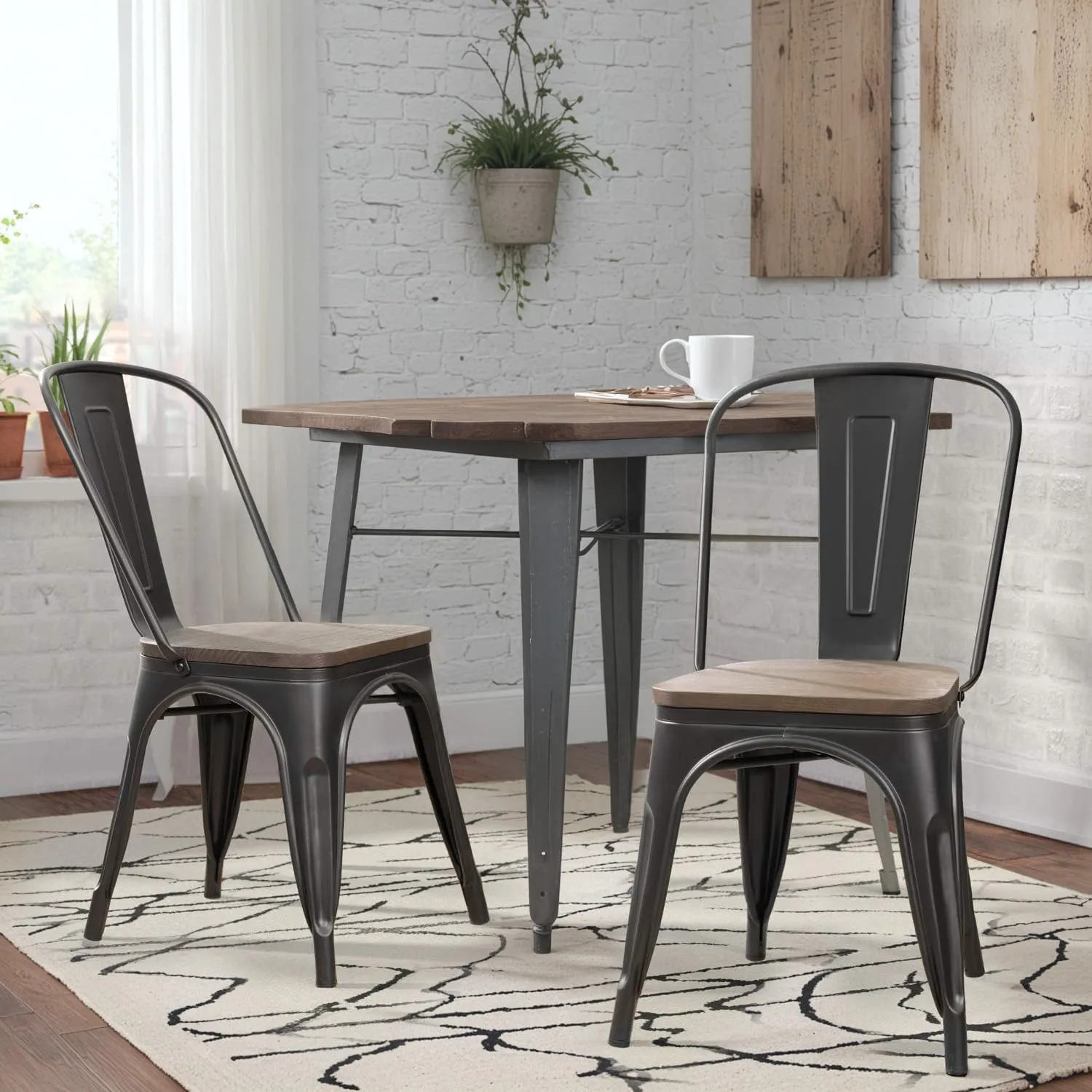JUMMICO Metal Dining Chair Stackable Industrial Vintage Kitchen Chairs Indoor-Outdoor Bistro Cafe Side Chairs with Back and Wooden Seat Set of 4 (Black)